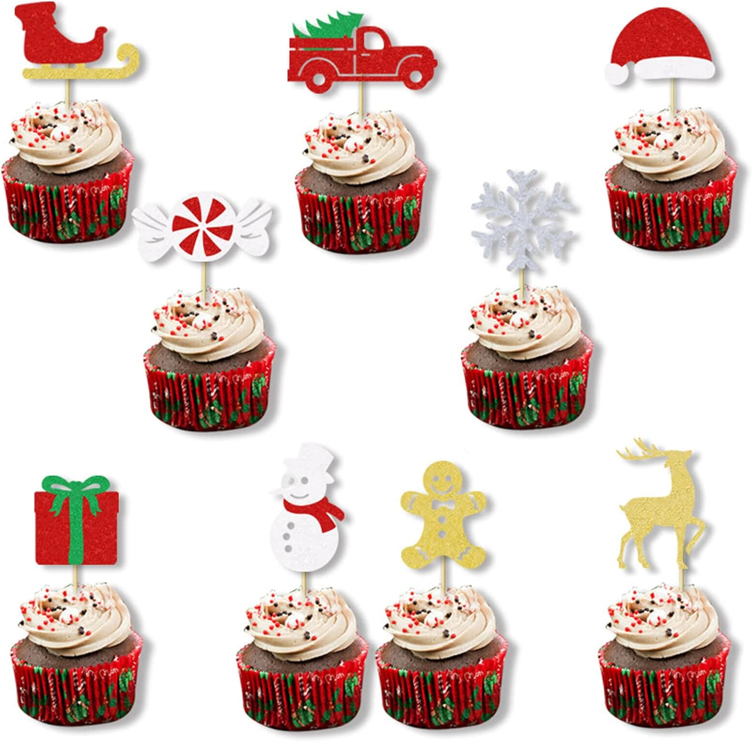 18Pcs Christmas Cupcake Toppers Glitter Christmas Hat Tree Candy Snowflake Snowman Deer Sled Gift Cupcake Picks Merry Christmas Theme Happy New Year Holiday Party Decorations Supplies image number 1