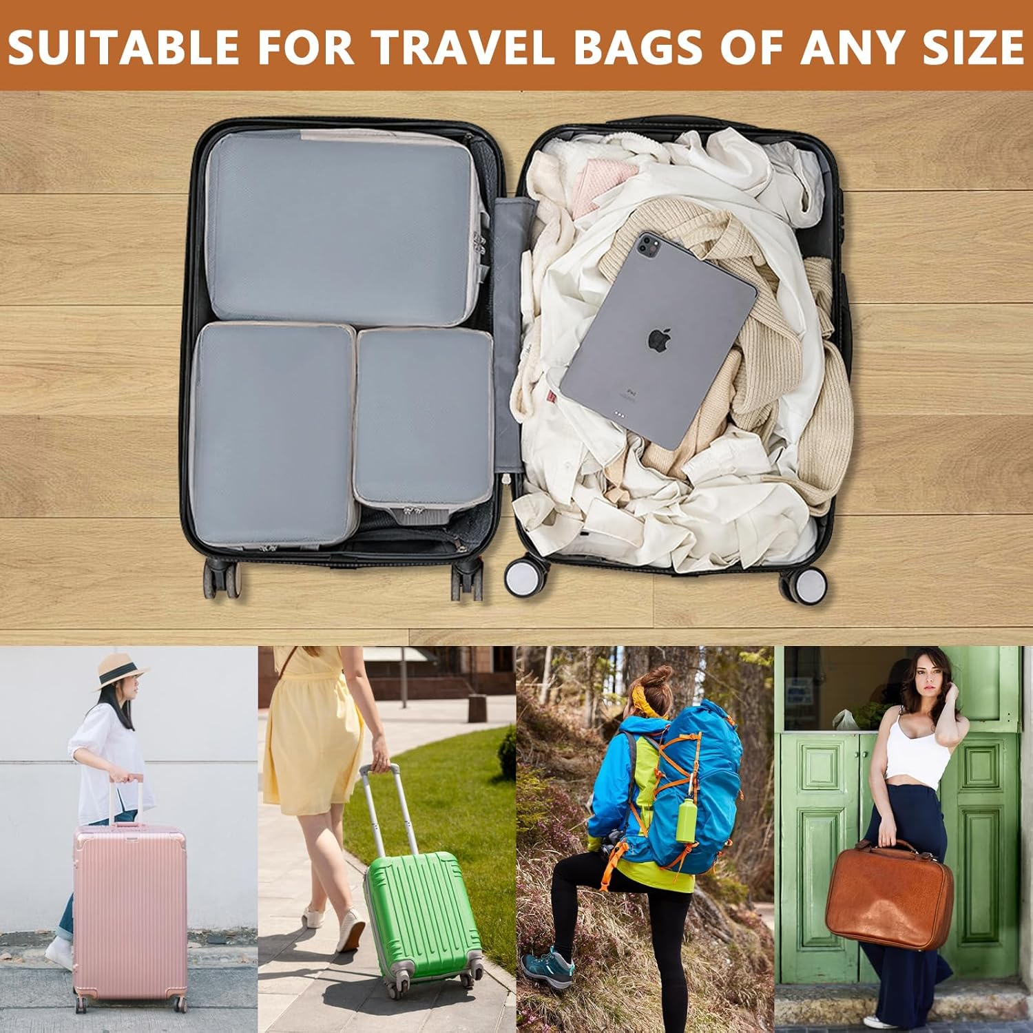 7Pcs Compression Packing Cubes Set, Expandable Travel Organizers for Carry on Luggage,Waterproof Travel Packing Accessories Compression Bags,Travel Packing Cubes Organisers for Suitcases