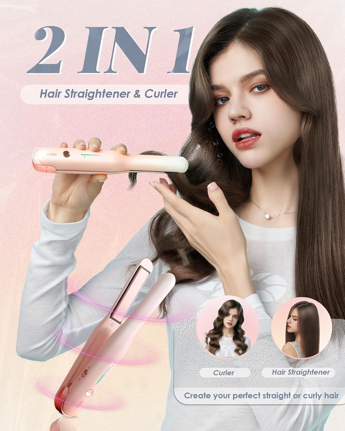 NOVUS 1 Inch Cordless Mini Hair Straightener, Type-C Mini Flat Iron, 2 in 1 Portable Travel Flat Iron & Curling Iron, Fast Heating & 3 Heat Settings, Wireless Ceramic Straightener 4000Ma Battery, Pink image number 2