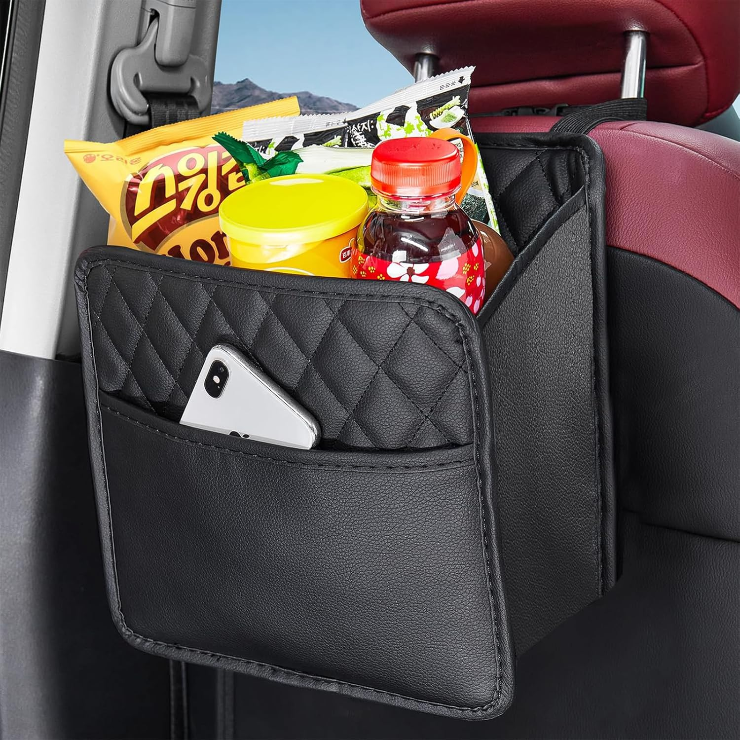 2 Pack Car Backseat Organizer with 60 Trash Bags, Car Seat Back Hanging Storage Bag Handbag Document Holder Universal Multi Pocket Storage Box Organizers Tidy Pouch for Ipad,Bottle,Books,Tissues,Snack image number 1