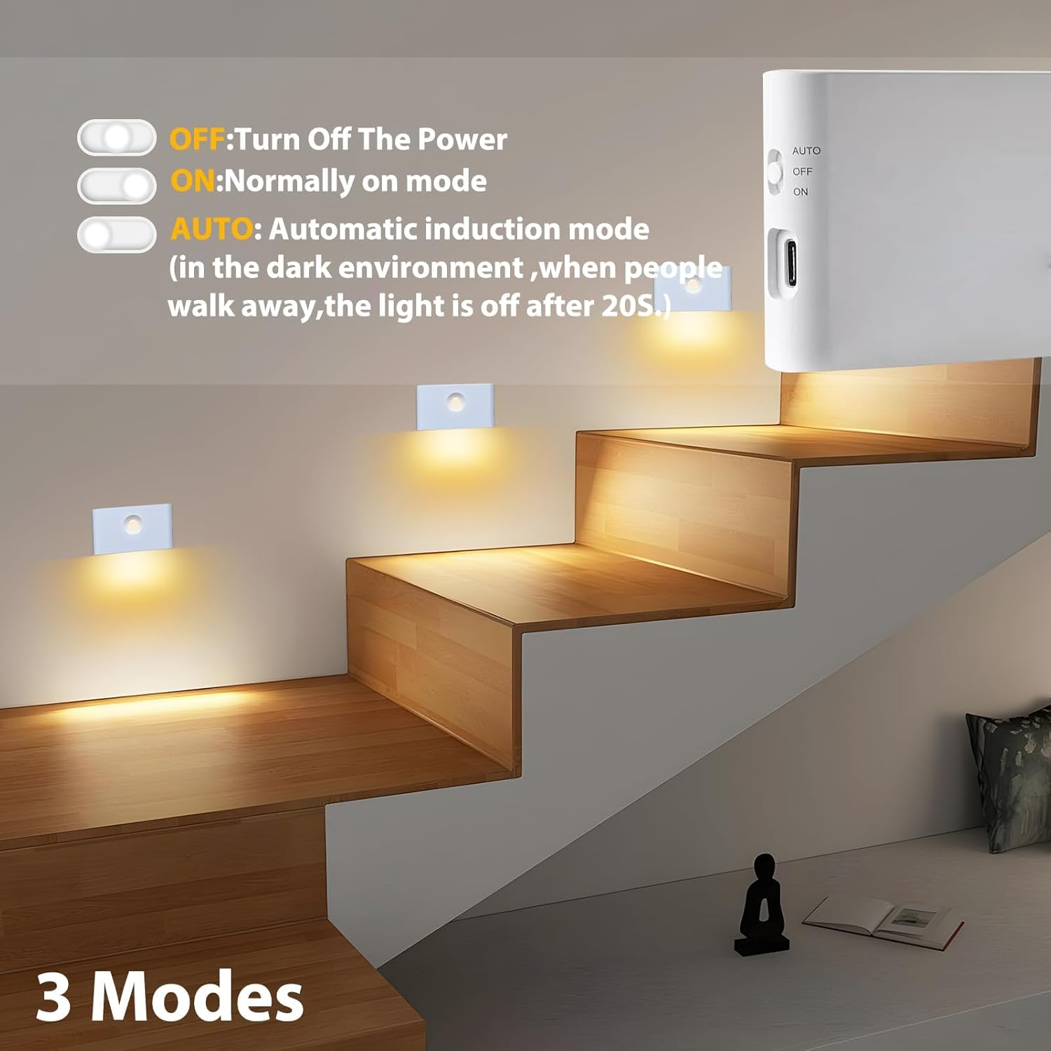 Arotelicht Motion Sensor Night Light, 6Pack Rechargeable LED Night Light Battery Powered, Magnetic Closet Light 3 Modes Auto/On/Off, Warm White Stick on Wall Light for Stair Hallway Bedroom Cabinet image number 2