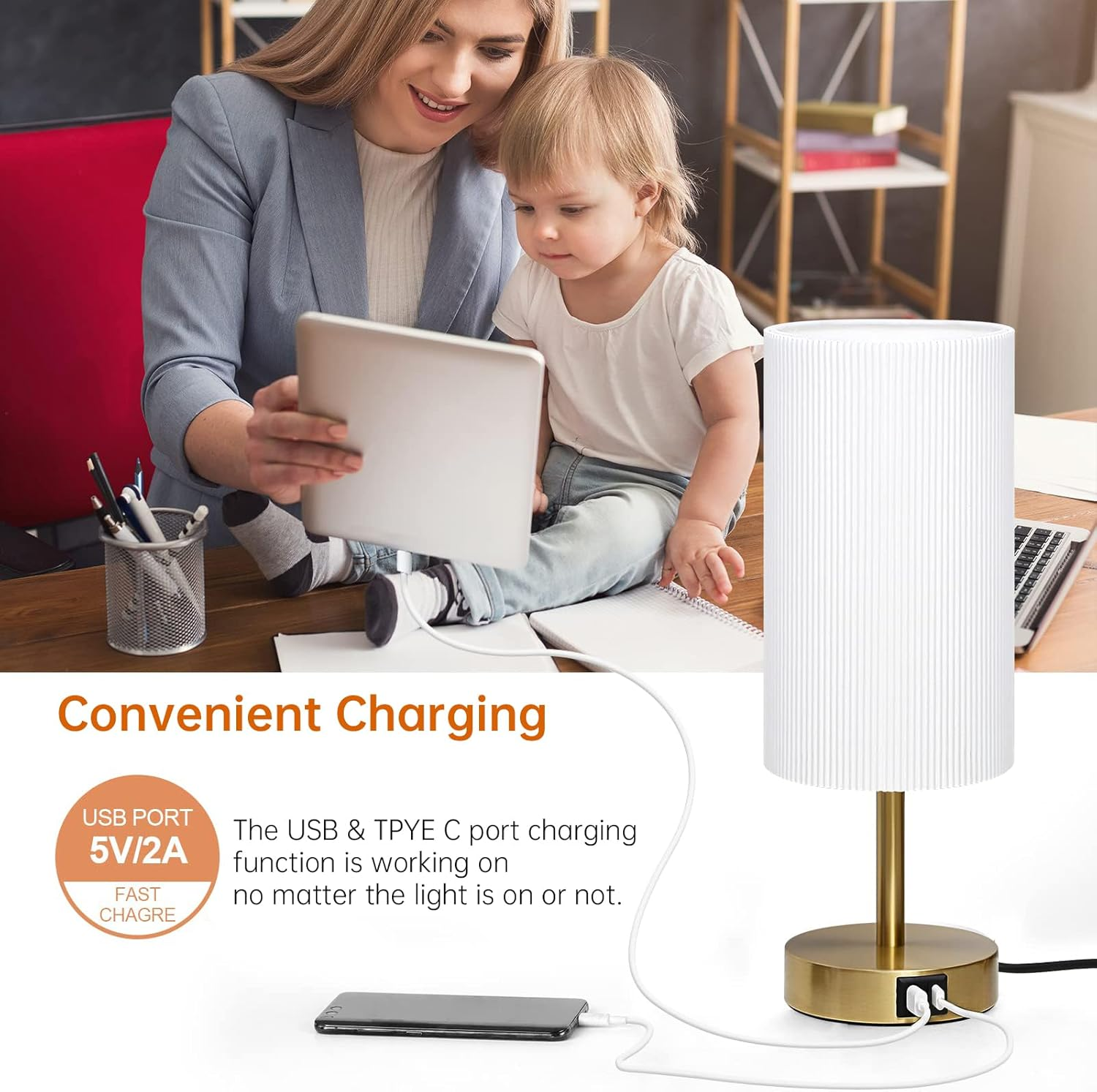 Kinsdan Bedside Table Lamp, Touch Control Bedside Lamp with USB Port, Dimmable Nightstand Lamp with Fabric Shade, Desk Lamp for Living Room, Dorm, Home, Office (LED Bulb Included), White image number 5