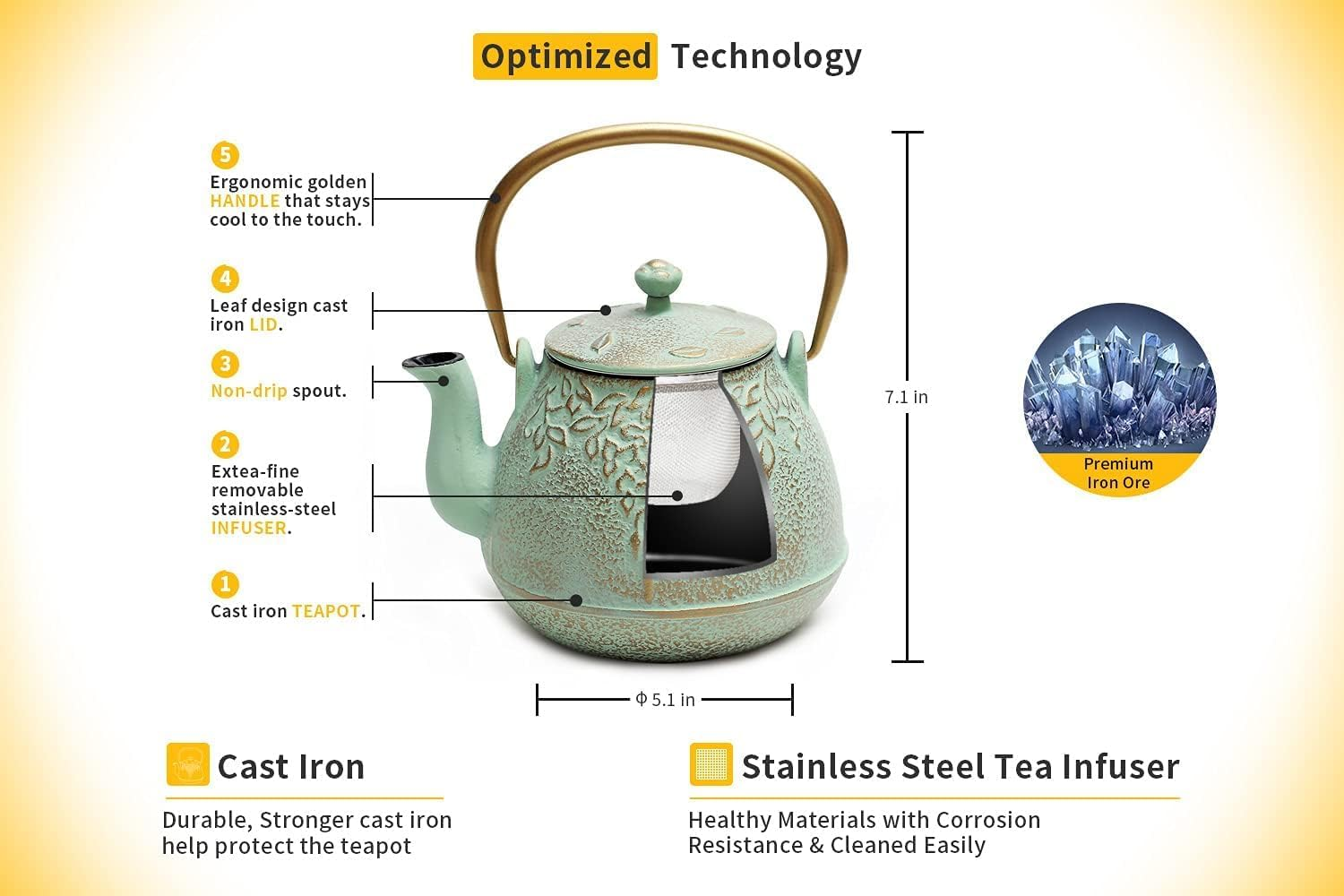 Japanese Teapot with Stainless Steel Infuser, Cast Iron Tea Kettle Stovetop Safe, Leaf Design Coated with Enameled Interior for 30 Ounce (900 Ml), Light Green image number 2