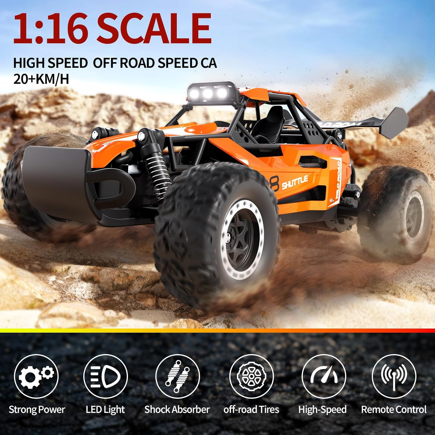 Remote Control Car,1:16 Scale Alloy RC Cars Toys for Boys Kids, 2.4Ghz 4WD Off-Road Vehicle with LED Headlight(Orange)