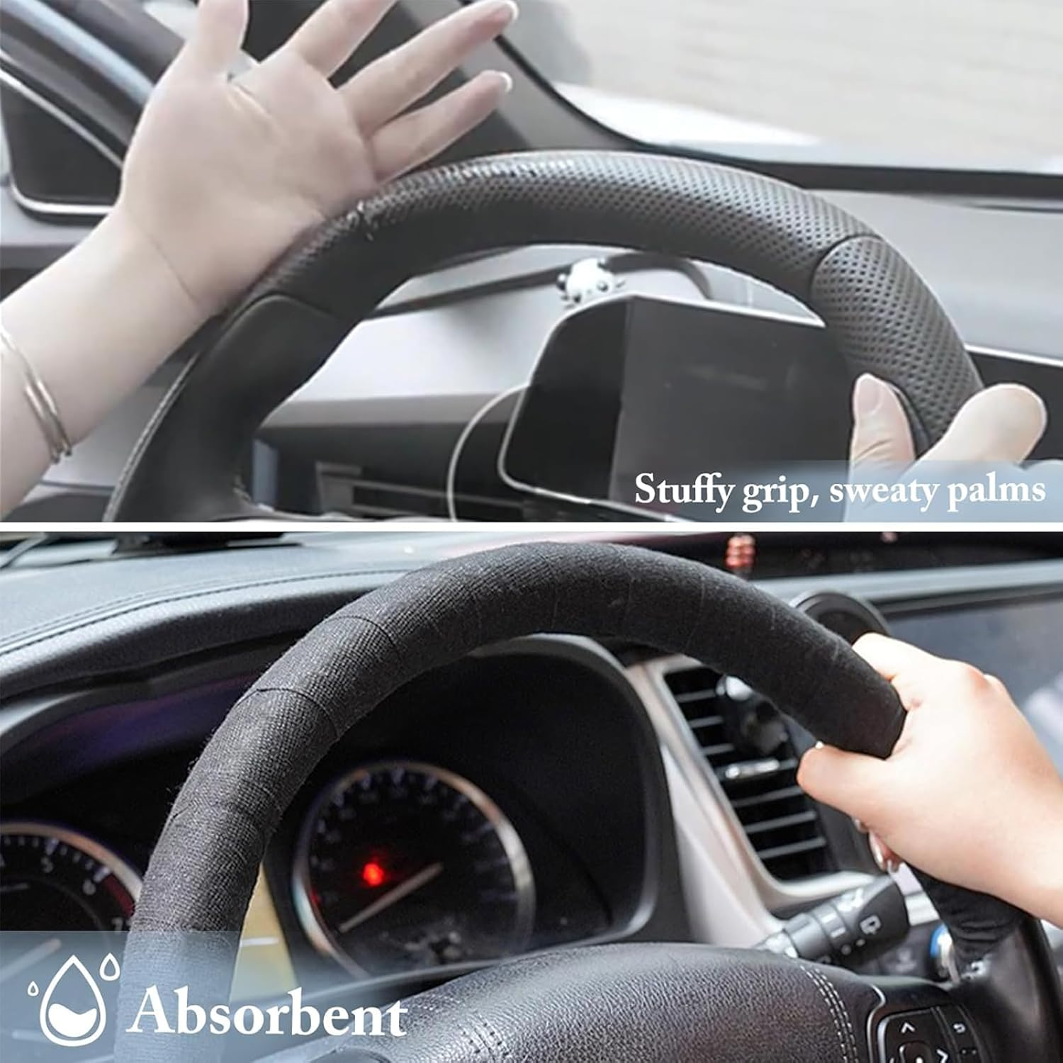 2 Rolls Steering Wheel Cover Tape, Universal Non-Slip Sweat Absorbent Wrap for Cars & Trucks, Breathable Elastic Tape for O/D-Shaped Steering Wheels (35.6-45.7 CM Diameter), Black image number 3