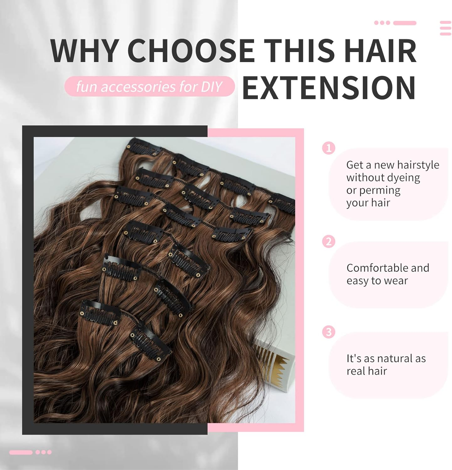 FLUFYMOOZ Clip in Hair Extensions,6Pcs Hair Extensions Long Mermaid Waves Wavy Synthetic Clip on Hairpiece for Women 24 Inch (Dark Brown with Highlights) image number 1