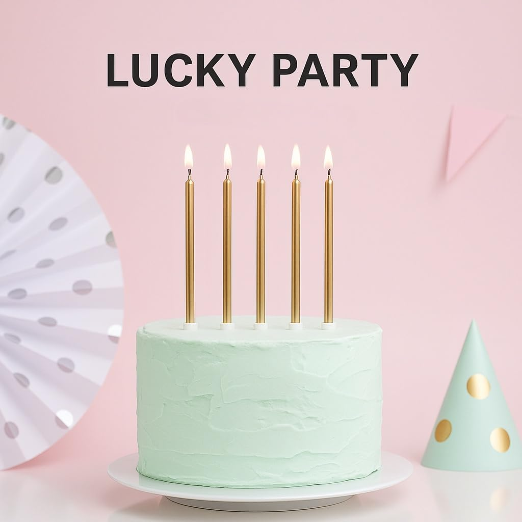 24 Pack Birthday Candles Long Thin Metallic Candle Sticks with Holders, Champagne Gold Cake Decorations for Birthday Party Damaill