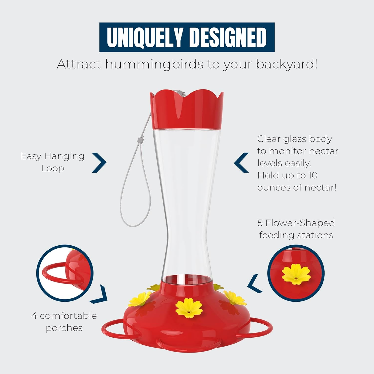 MEKKAPRO Two-Pack Outdoor Hummingbird Feeder Made from Glass, 10Oz, Hanging 5 Nectar Feeding Stations, Bright Red, Backyard Feeder (10 Ounce - 2 Pack) image number 3