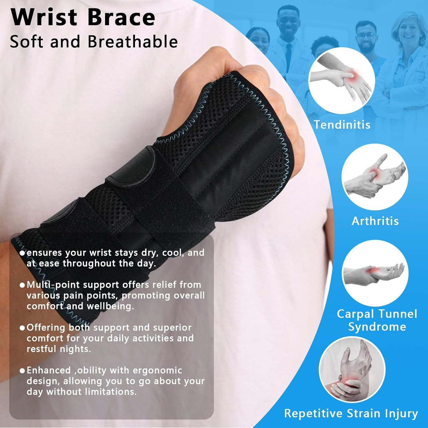 Wrist Splint for Carpal-Tunnel, Carpal Tunnel Relief Wrist Brace with 3 Metal Stabilizers, Adjustable Wrist Support Wrap for Arthritis, Tendonitis, Sprains, Working (Left-M, M) image number 1