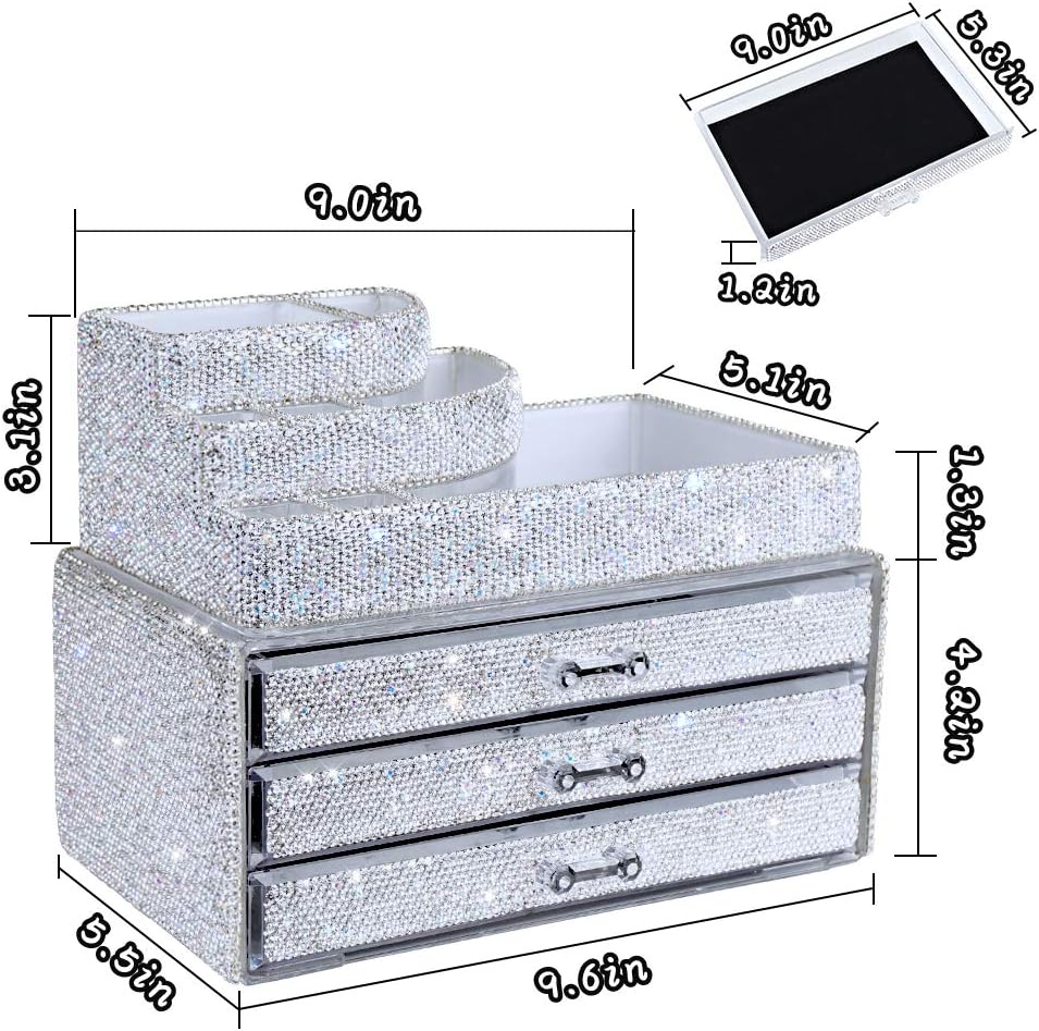 Makeup Organizers Drawer,Jewelry Cosmetic Storage Display Boxes, Makeup Brush Holder, Cosmetic Holder,Bling Diamond Countertop Jewelry Case,2 Pieces Set (Purely Handmade)(White)&hellip; image number 1