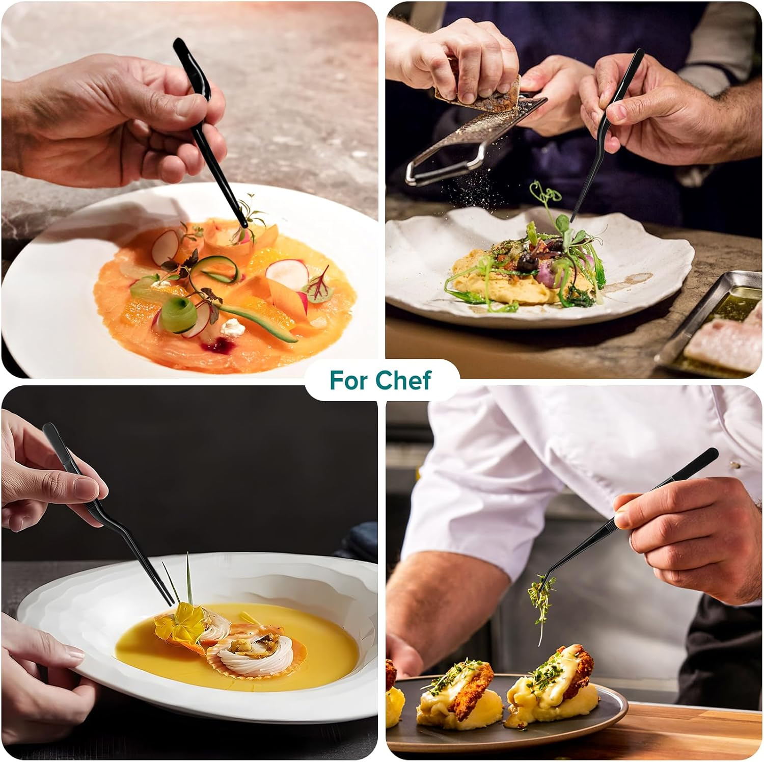 Kitchen Tweezer Tongs Set,6 Pcs Kitchen Tweezers,6.3" Cooking Tweezers Set,Stainless-Steel Food Chef Culinary Tweezers Tongs for Baking Decorating Feeding Plating,Black image number 2