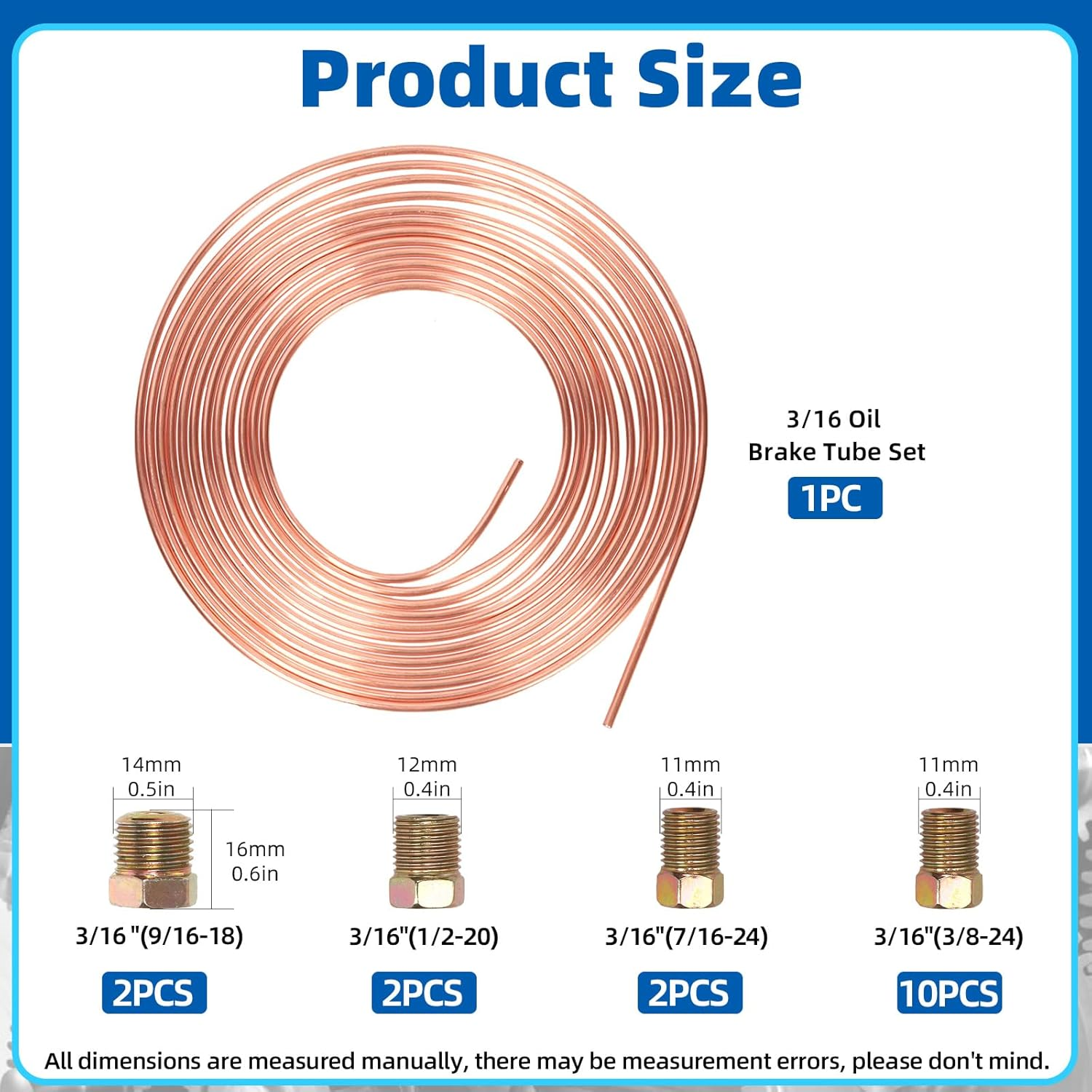 Glarks 3/16 Brake Line Tubing Kit, Copper-Coated Steel Tube Roll and Fittings, Steel Tubing Coil Kit with 16Pcs Inverted Tube Nut Fittings for Hydraulic Braking Systems, Fuel Systems