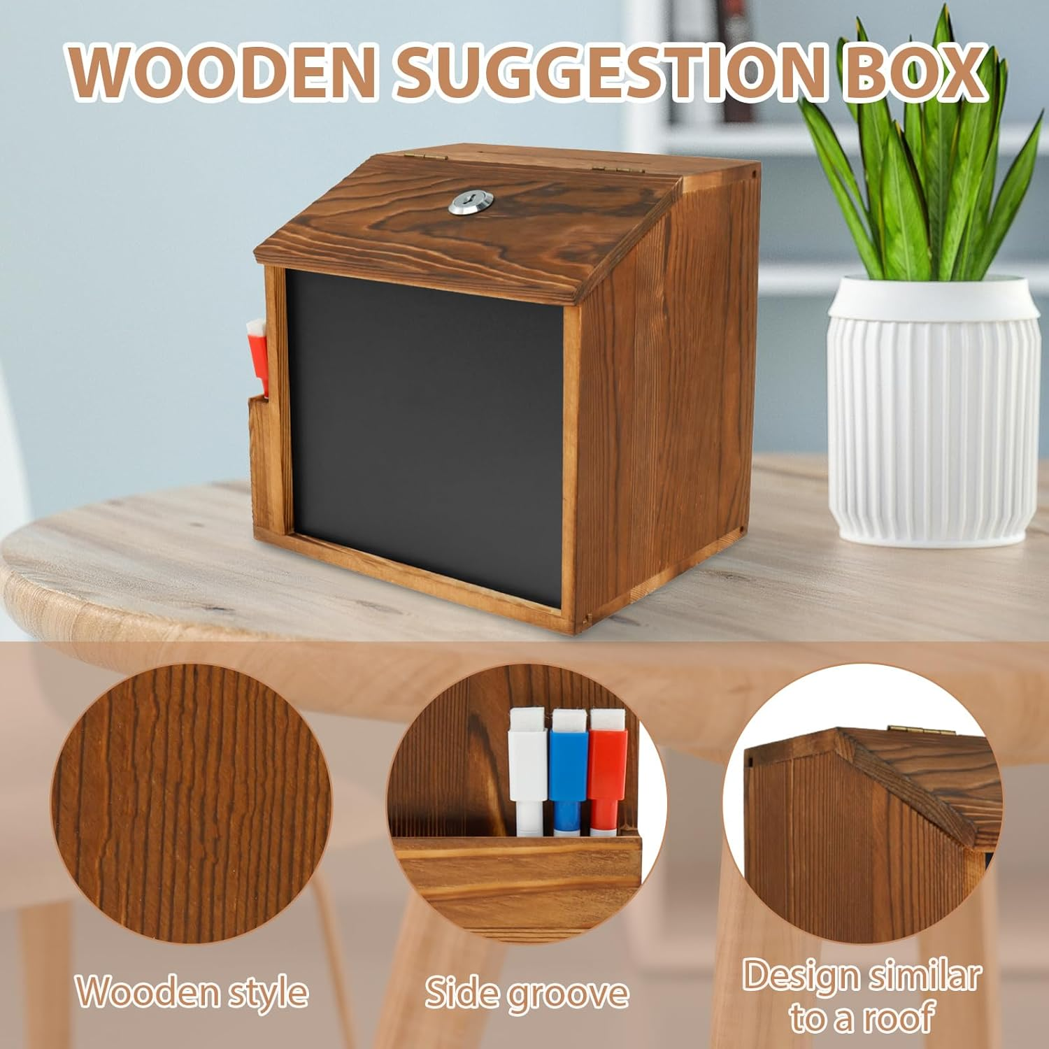 Wood Suggestion Box with Slot and Lock, Countertop or Wall Mounted Ballot Box with Chalkboard, Donation Box for Saving Fundraising, Multifunctional Comment Box with Chalkboard Vintage image number 3