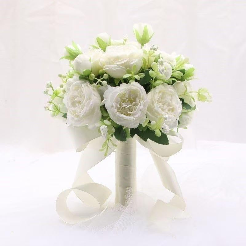 Hbluefat Wedding Small Faux Bouquets for Bride, Bridal Bridesmaid Mini Artificial Bouquet Wedding, Fake Silk Flowers with Ribbon for Valentine'S Day, Home Decor (Champagne) image number 2