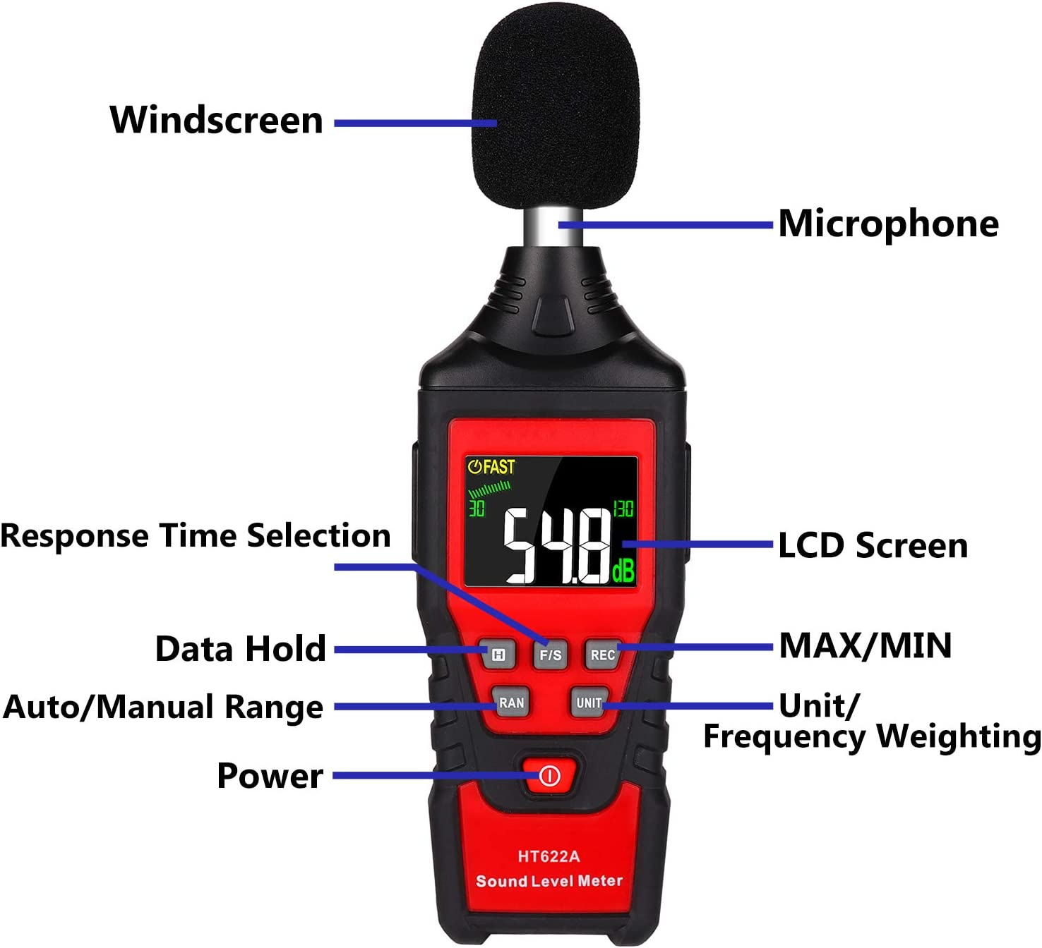 AUTENS Decibel Meter, Digital Sound Level Meter 30-130Db(A) Range with Max/Min/Data Hold, Fast/Slow Mode Ect. Auto/Manual Range image number 2