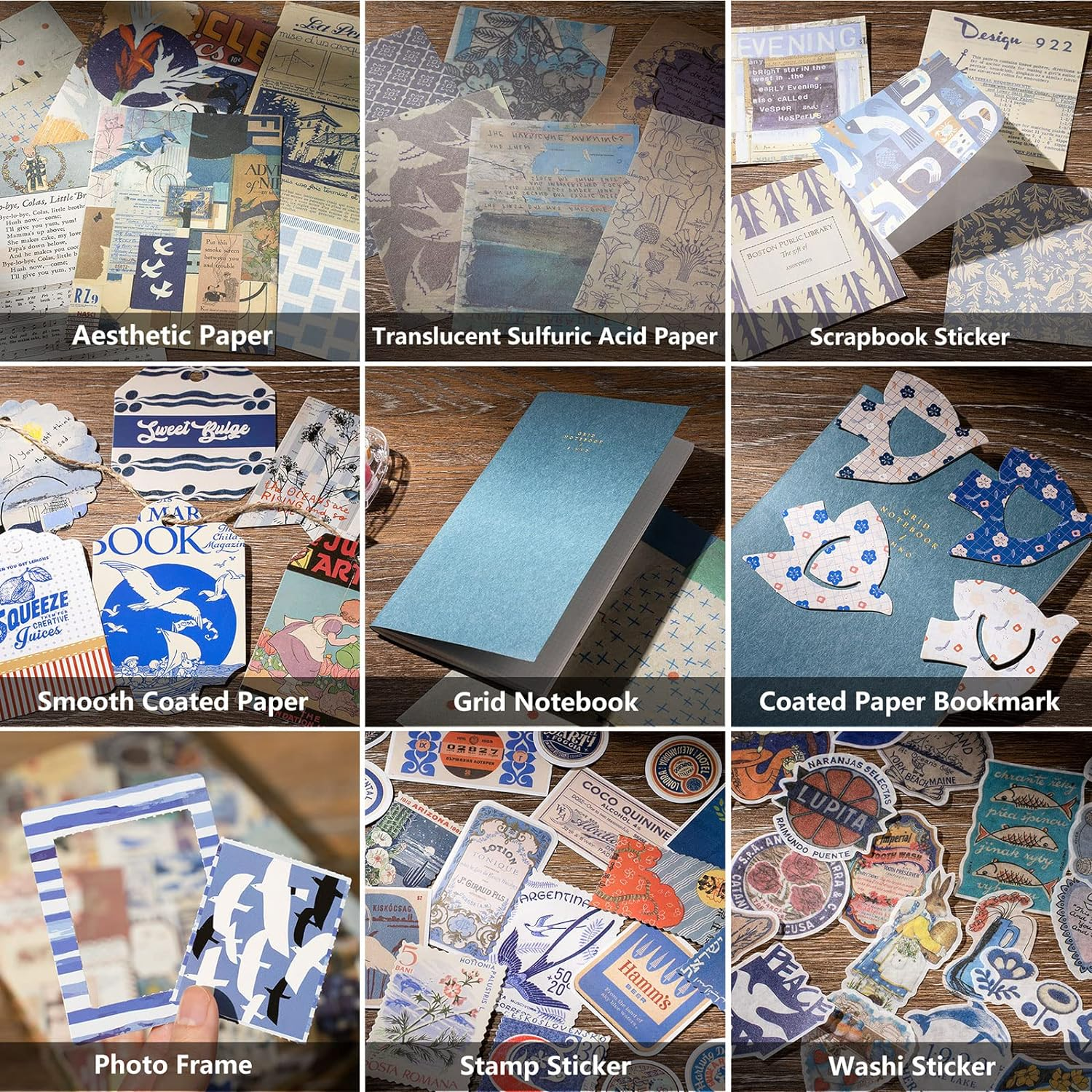 JOYCHOIC Vintage Scrapbooking Supplies Aesthetic Journaling Kit, Scrapbook Papers Quote Stickers TN Notebook Large Collection for Bullet Junk Journal, Planner DIY Arts Craft Collage, Beginners - Blue image number 2