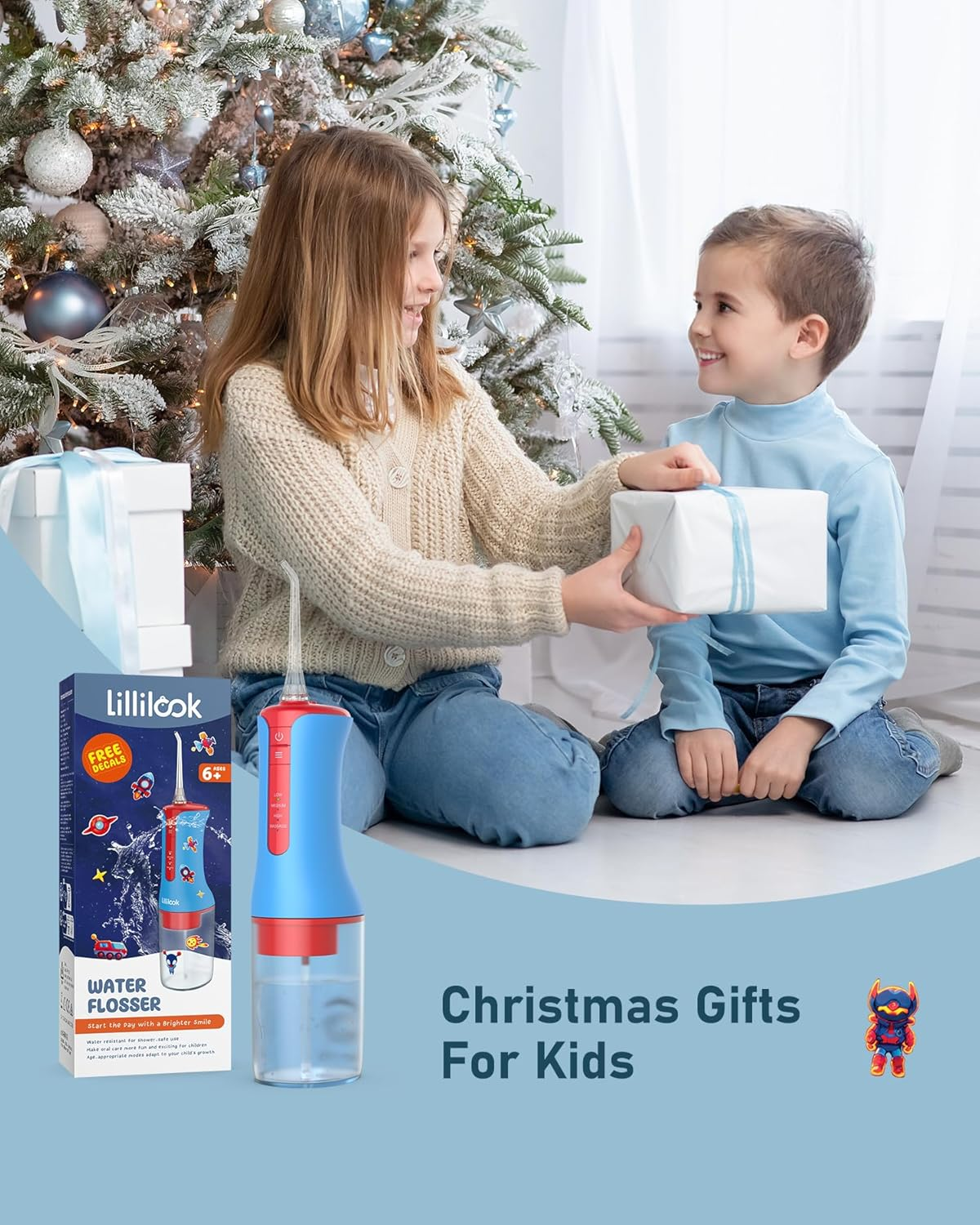 Lillilook Kids Water Flosser, Portable Waterproof Oral Irrigator Water Teeth Cleaner Pick, 4 Modes for Ages 6+, Rechargeable with 3 Jet Tips Blue image number 1