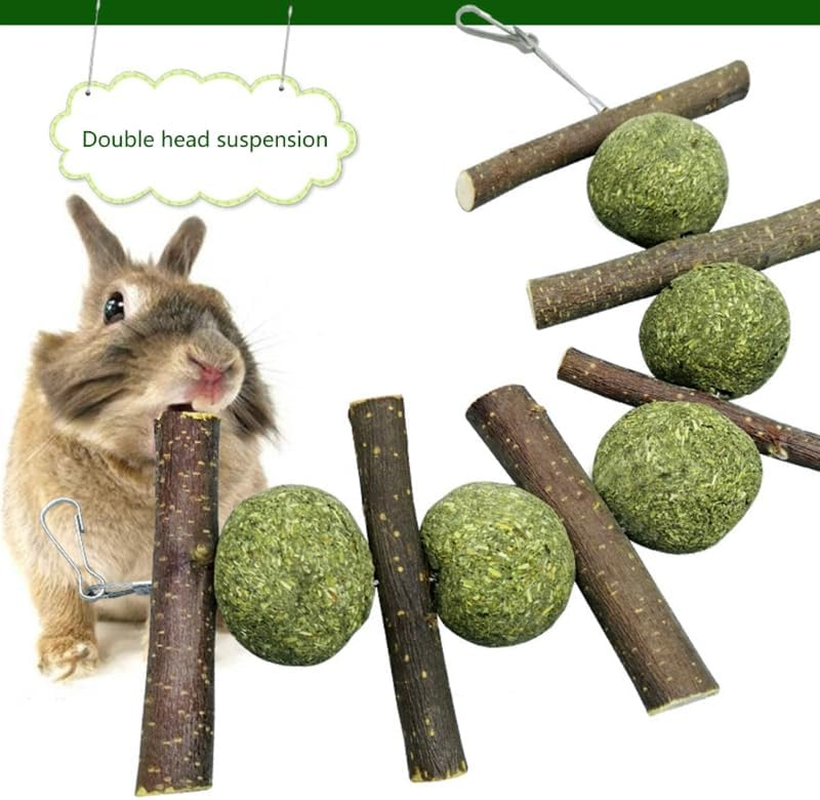 Bunny Chew Toy for Teeth Natural for Hay Treats Wood Sticks Grass Balls Cage for Rabbit Chinchilla Hamster Guinea image number 6