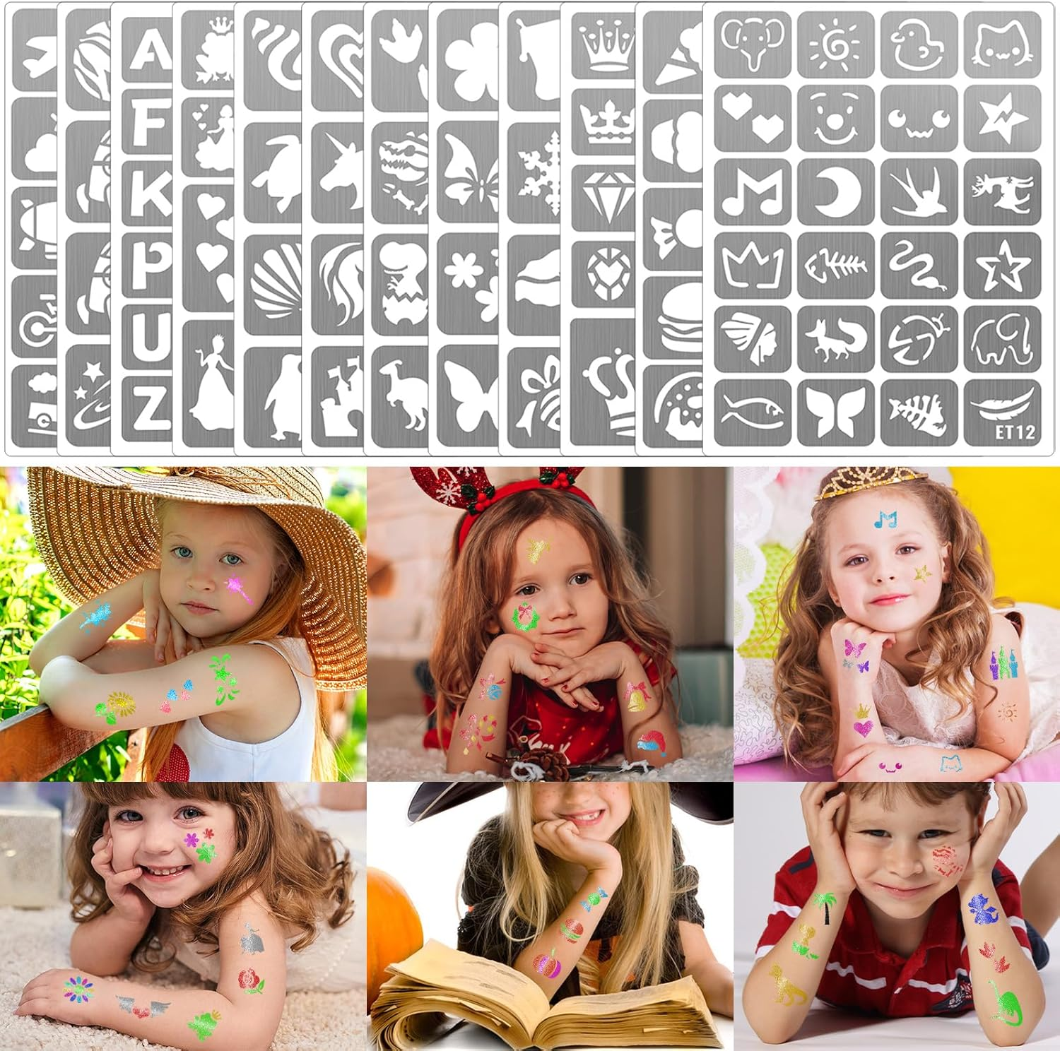 Yazhiji 183PCS Temporary Tattoo Stencils, Paint Stencils Kit for Face & Body, Glitter Tattoos, Kids & Adults, Waterproof, A5 Size, 12 Sheets image number 4