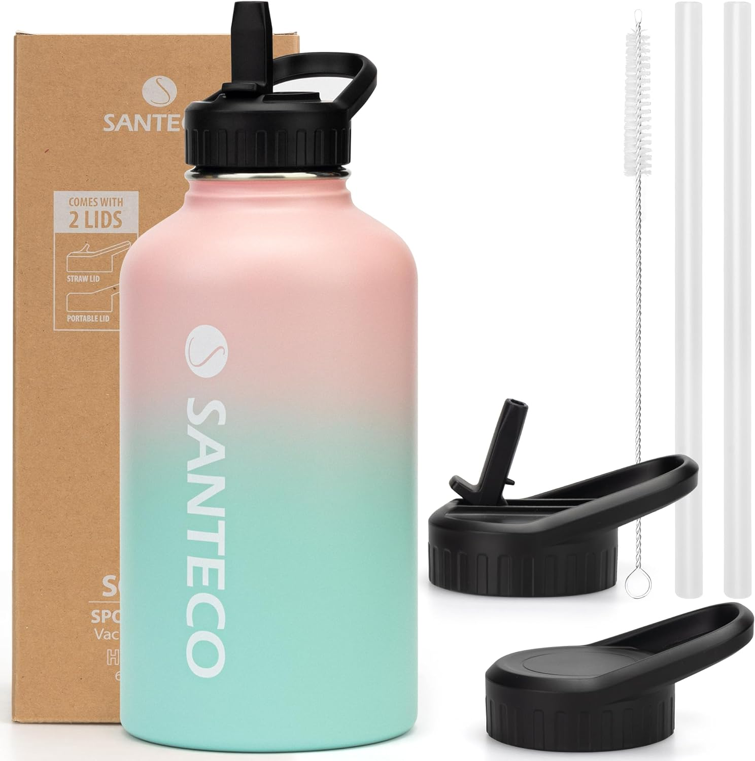 SANTECO Insulated Water Bottle with Straw 64 Oz Stainless Steel Leak-Proof 2 Liters Thermos Flask with Handle Lid Large Capacity Sport,Hiking,Gym-White Black