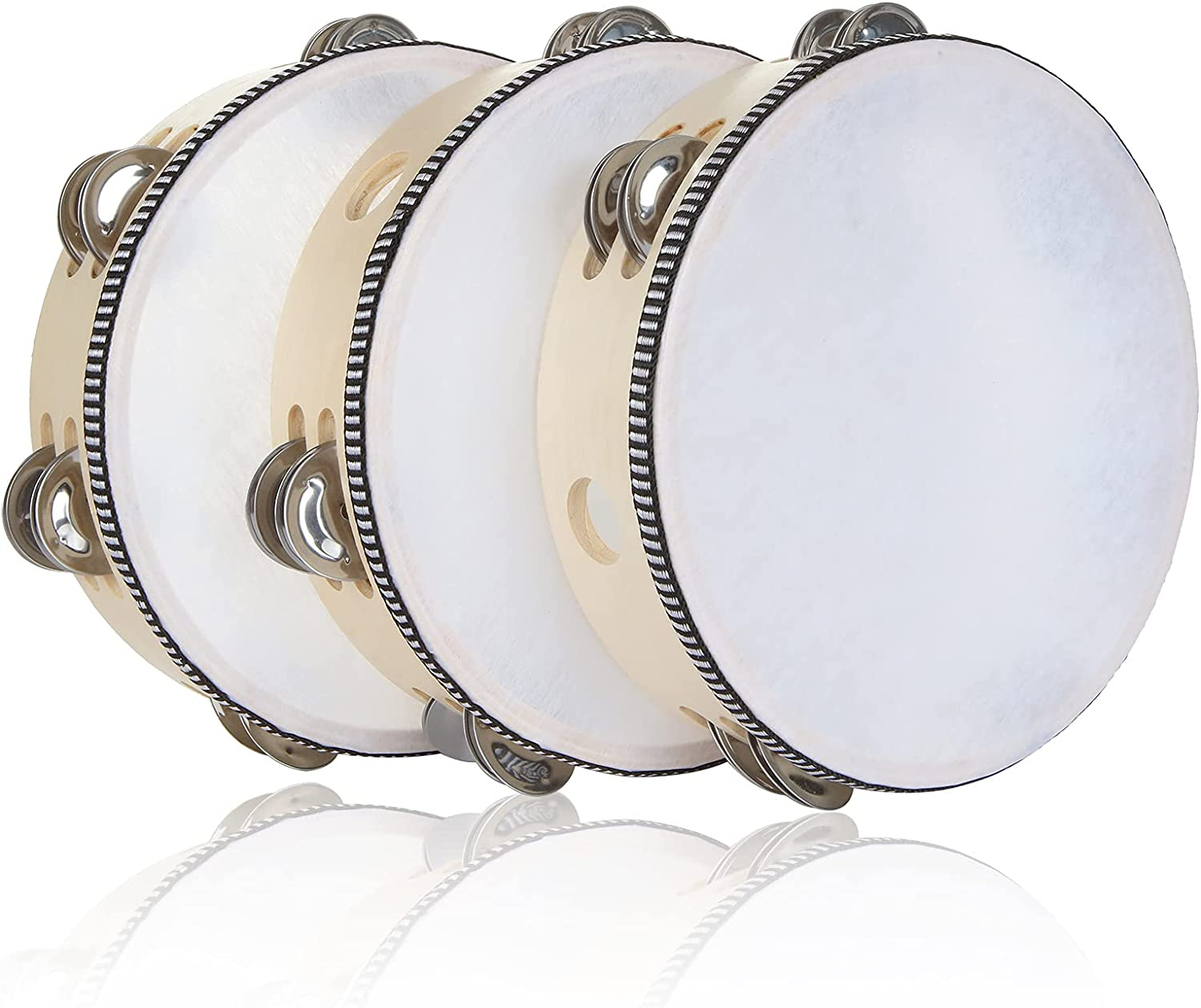 3 Pack 8 Inch Wood Tambourine with Metal Jingles - Hand Held Musical Instrument for Adults, KTV, Party, Church - Educational Rhythm Percussion (Single Row)
