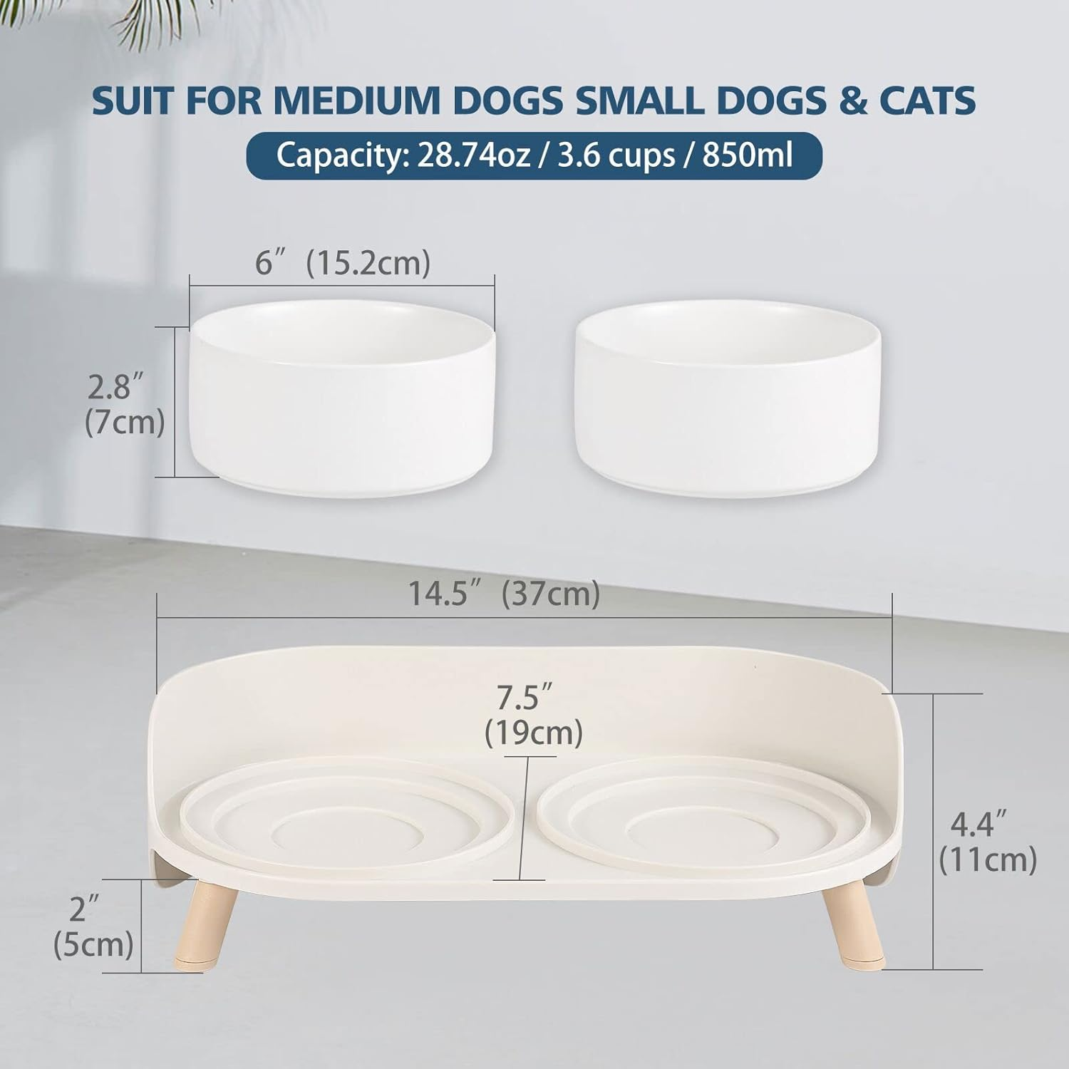 Elevated Dog Food Water Bowl - Raised Dog Bowls with Stand Non Skid - Double Dog Feeding Bowl Set with Splash Proof Guard - Ceramic Pet Dish for Small to Medium Dogs and Large Cats - 28.74 Oz - 850 Ml image number 3