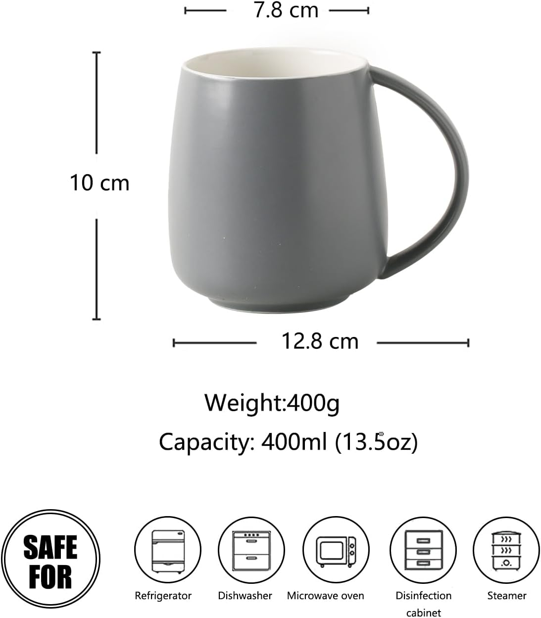 Classic Large Capacity Ceramic Belly Coffee Mugs 400Ml 14Oz Nordic Matte Finished Water Breakfast Toothbrush Egg Shaped Cup with Handle for Home Office Men Women (Gray) - Black image number 5
