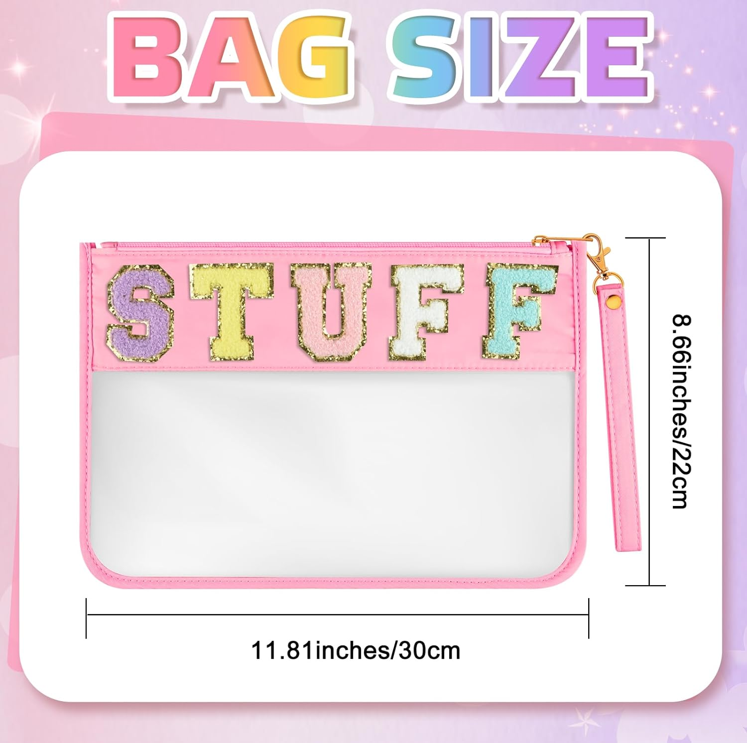 Morcheiong Chenille Letter Bag Clear Zipper Stuff Pouch PVC and Nylon Makeup Bag with Handle for Travel School Gym Beach image number 5