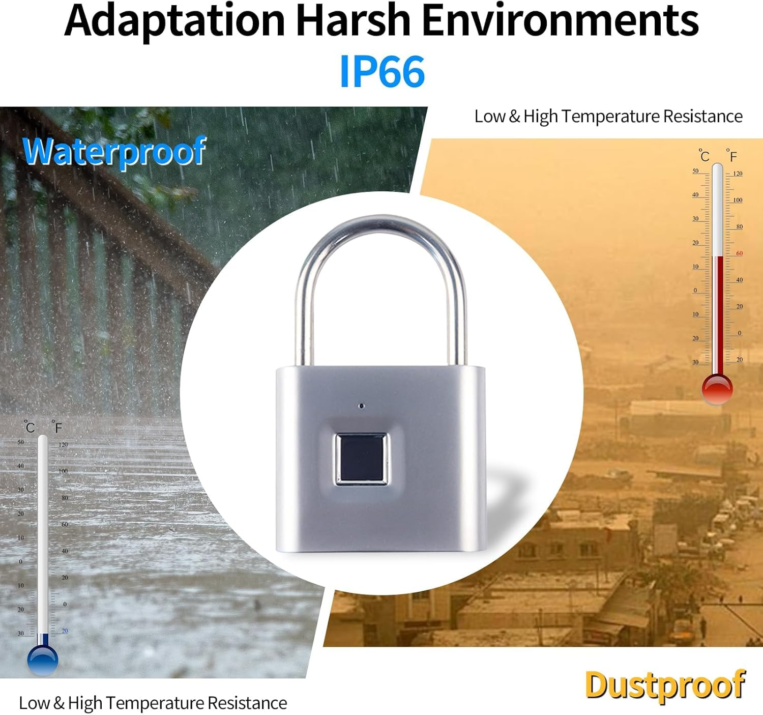 Tenixlox Fingerprint Padlock with Emergency Key, IP66 Waterproof Outdoor Indoor Padlock, Smart Lock for Warehouses, Gym, Schools, Homes, Office Cabinets