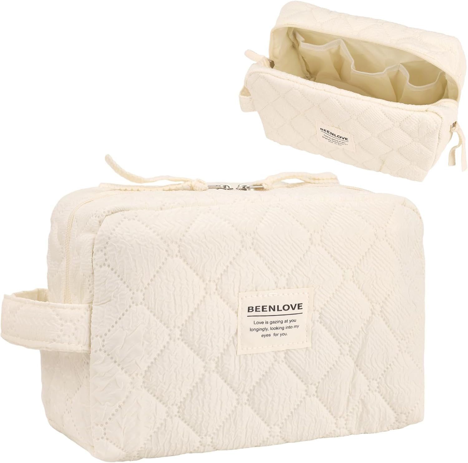 Makeup Bag, Quilted Make up Bag with Handle & Zipper, Lightweight Cosmetic Bag for Women Travel Toiletry Skin Care (Beige) image number 5