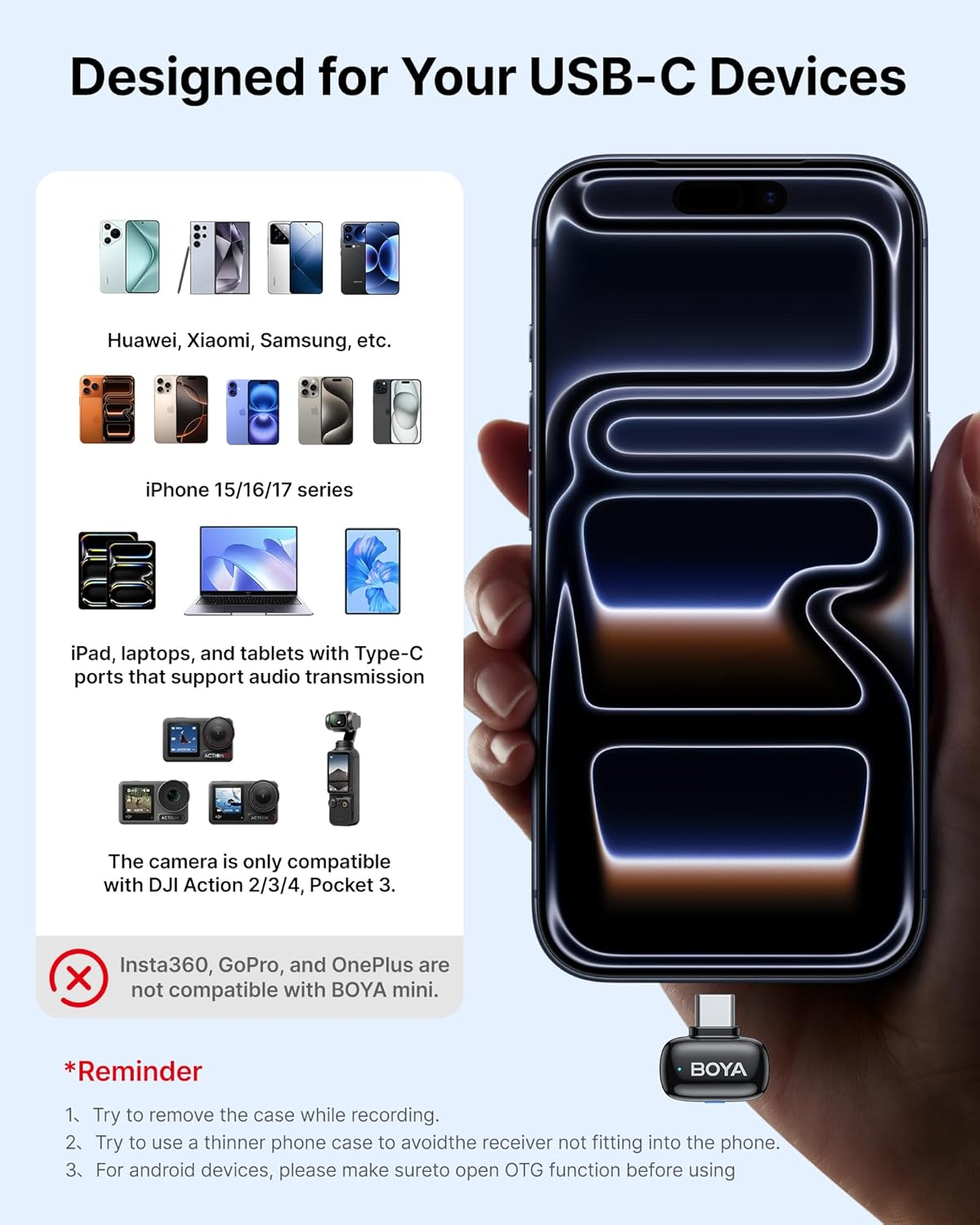 BOYA Mini 2 USB-C Wireless Lavalier Microphone for Andriod Iphone15/16/17, Ultra Mini Lapel Mics with Safety Track,Dual Channel,Noise Reduction,30H Usage, Metal Clip for Tiktok Youtube image number 5