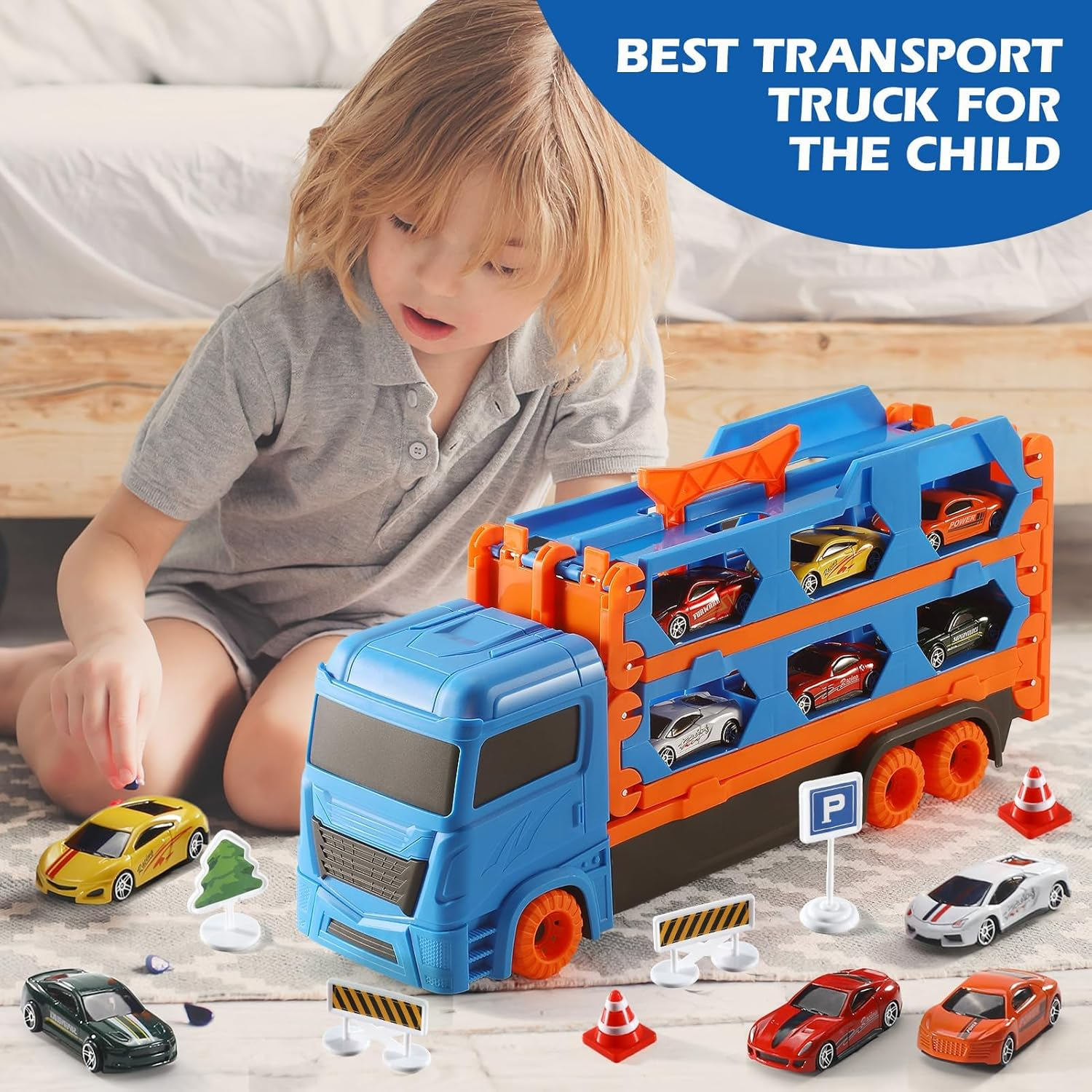 Transport Truck Toy Toddler Car Carrier for Boys Girls, 9 in 1 Race Track and Die-Cast Truck Baby Race Car Toy Vehicles for 3 4 5 Year Old Kids image number 2