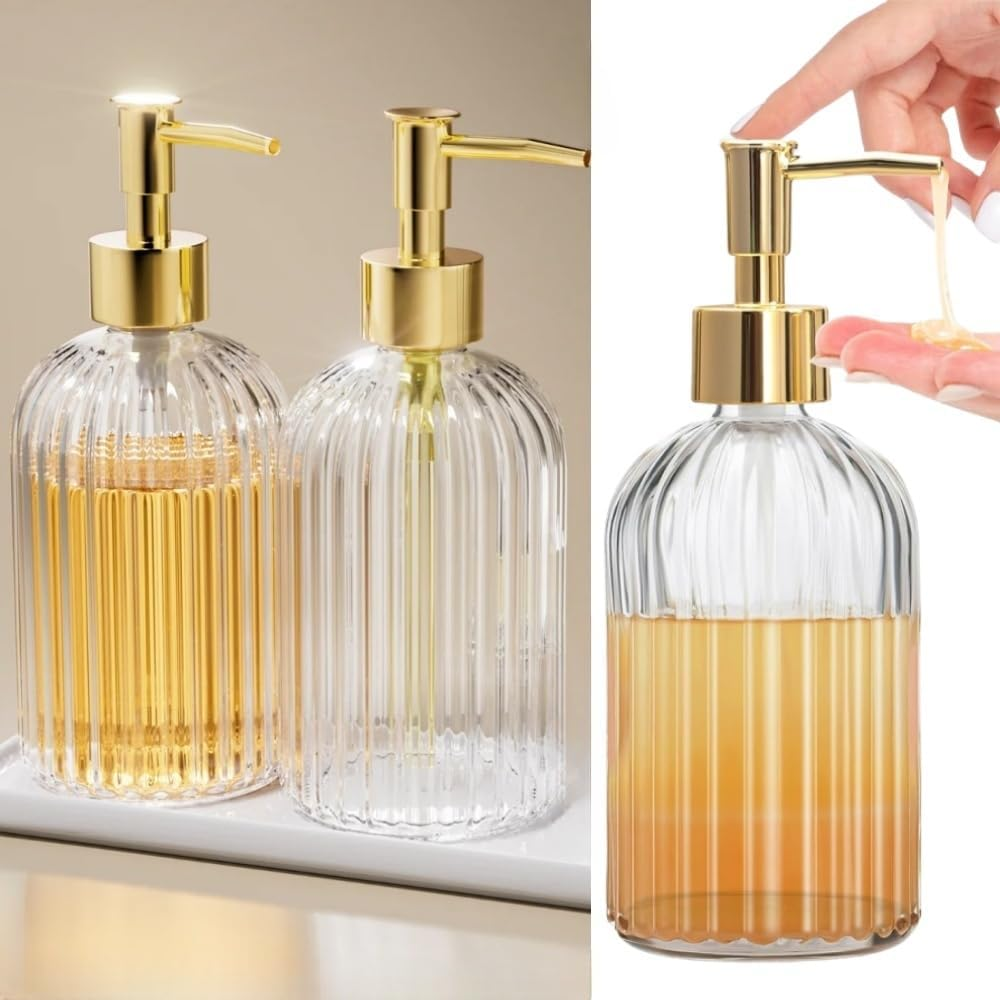 2 Pcs Glass Soap Dispenser,400 Ml Refillable Liquid Bottle Dispenser with Rust Proof Pump,For Hand Soap,Lotion image number 1