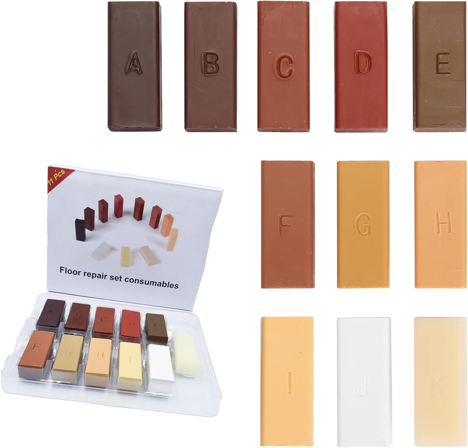 Wood Floor Scratch Repair Kit,Tiles Reparing Kit,Diy Multifunctional Wood Board Repairs Tool,Worktop Sturdy Casing Chips Scratches Mending Tool,Parquet,Wooden Furniture,Set A(11 Wax Blocks) image number 1