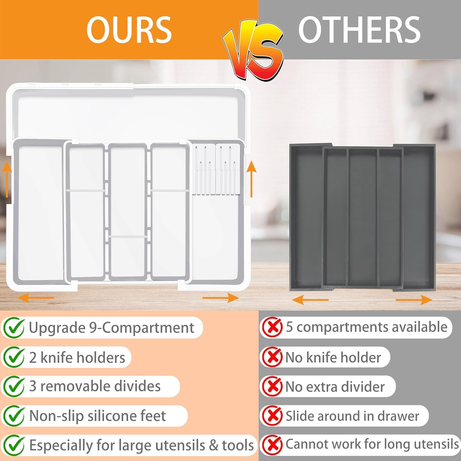 Expandable Cutlery Drawer Organiser, Adjustable Flatware and Utensil Tray for Kitchen，Kitchen Drawer Utensil Organizer, Expandable Cutlery Tray, 3 Dividers(White) image number 2