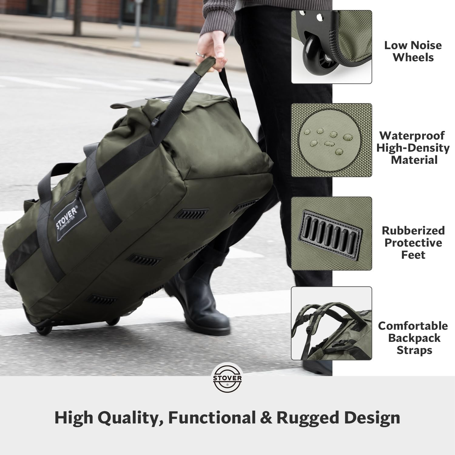 STOVER 100L Rolling Duffel Bag with Wheels, X-Large Durable Travel Duffle + Toiletry Bag, Heavy Duty, Packable with Shoulder Straps- Use as Luggage or Backpack, Men/Women (Green) image number 2