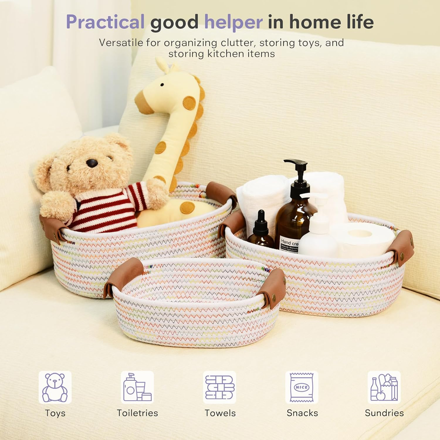 Storage Basket Set of 5 - Cotton Rope Baskets with Leather Handles - Small Woven Basket for Organizing, Nursery, Bathroom Shelves or Bedroom Decor (Rainbow) - Black image number 5