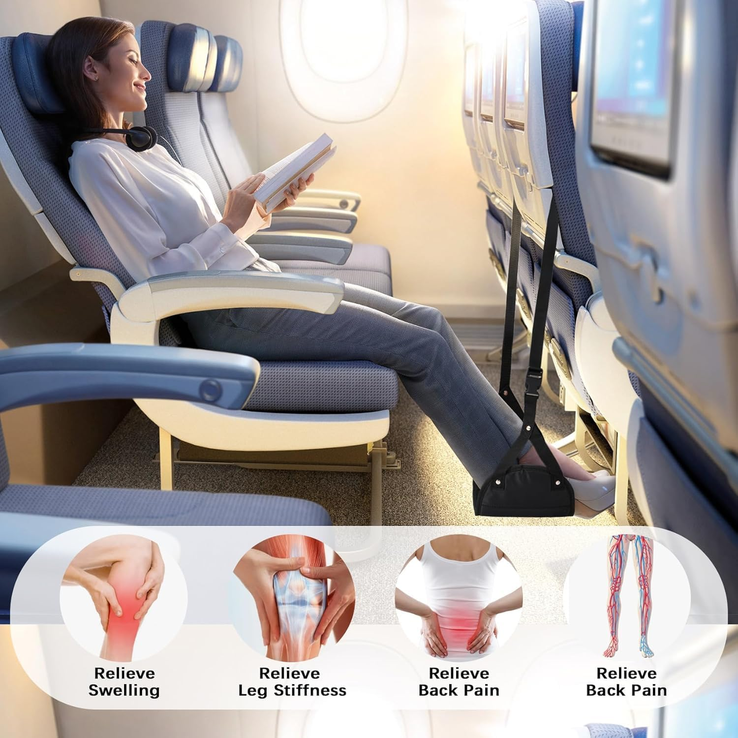 New Airplane Foot Rest,Portable Travel Footrest Flight Carry-On Footrest Adjustable Height Foot Rest Travel Accessories Footrests Hammock,Black image number 6