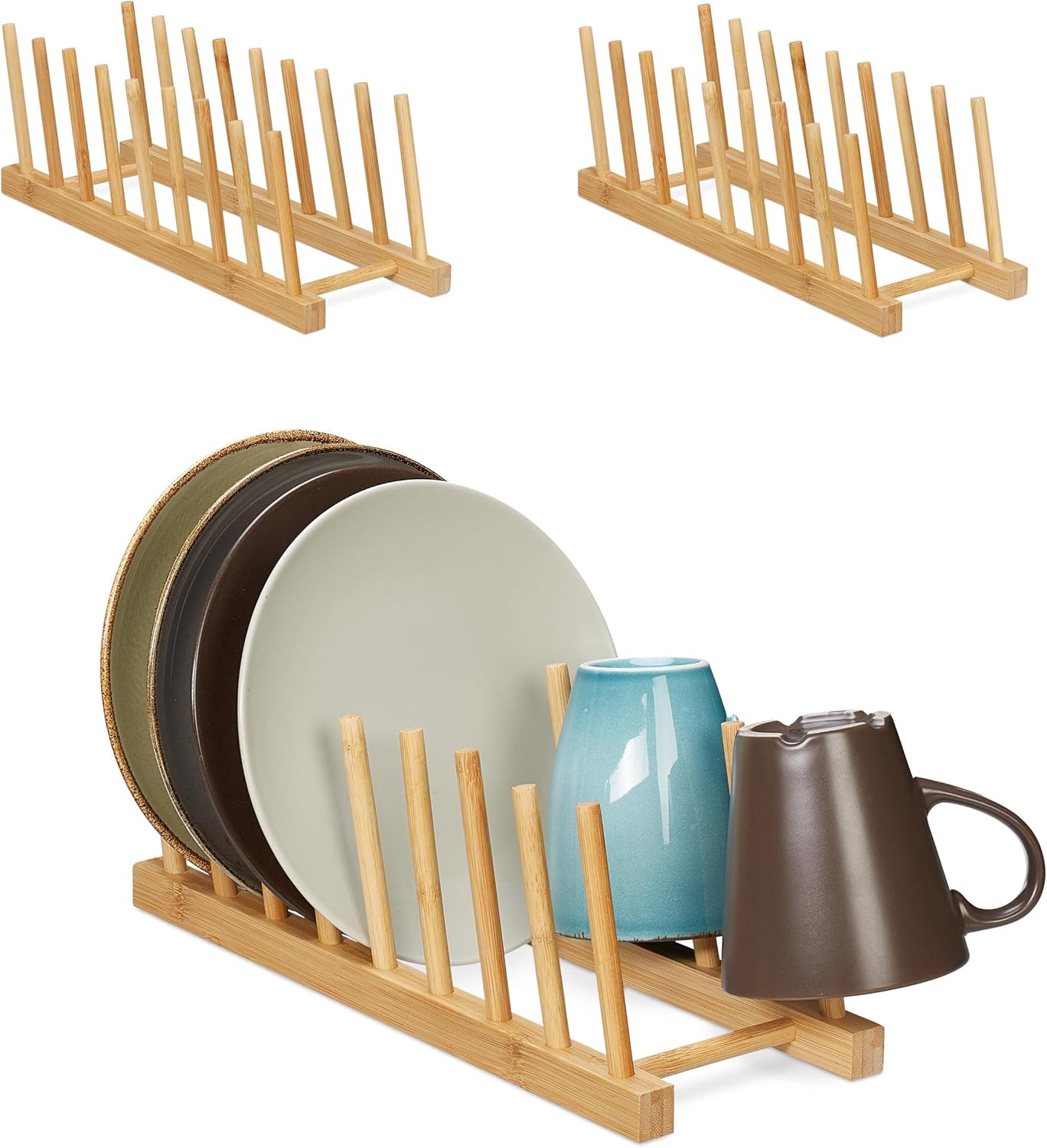 Relaxdays Plate Stand for 8 Plates, Boards, Lids, Set of 3, Bamboo, H X W X D: 12 X 12.5 X 34 Cm, Natural