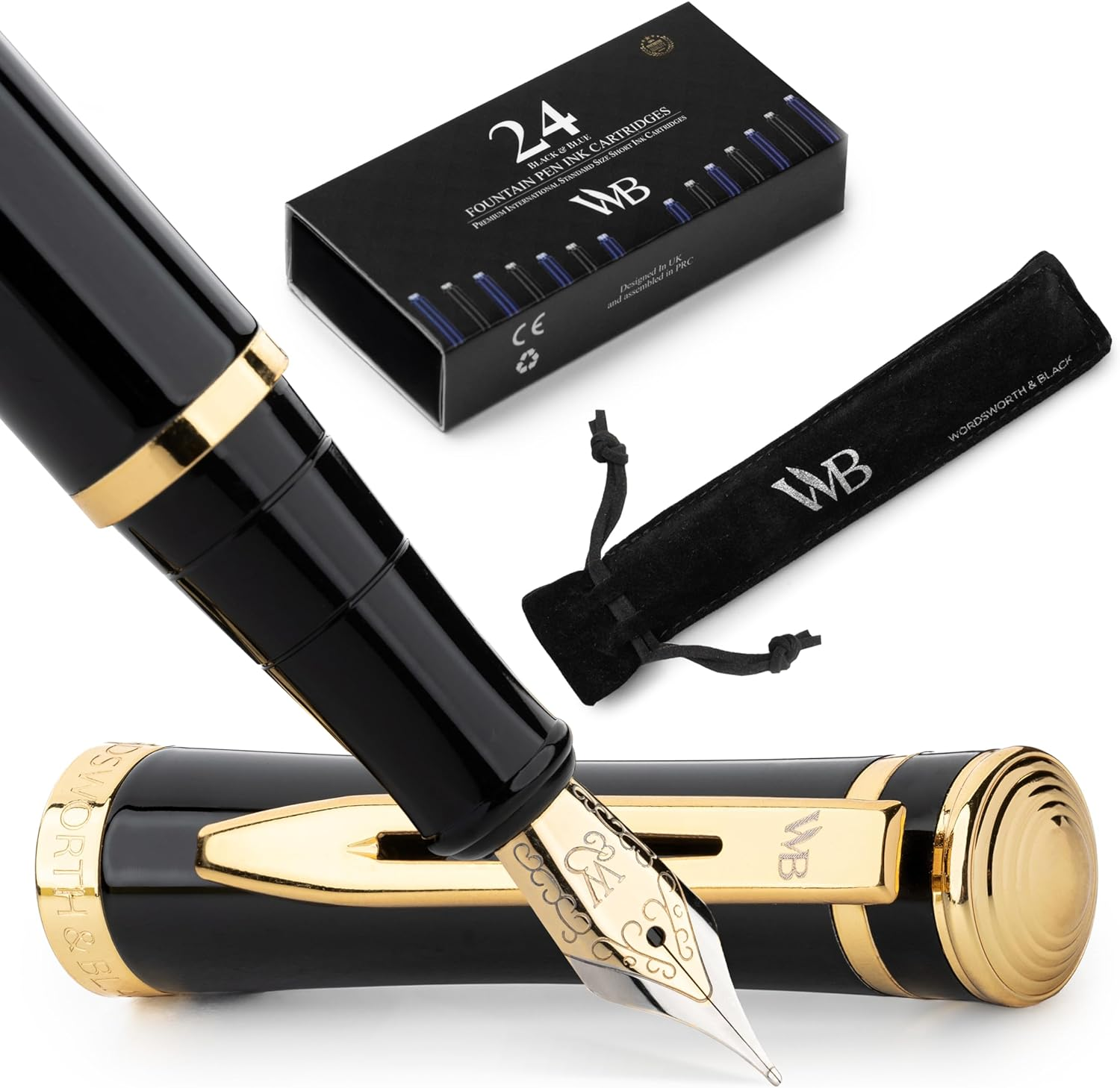 Wordsworth & Black Fountain Pen Set, 18K Gilded Medium Nib, Includes 24 Pack Ink Cartridges, Ink Refill Converter & Gift Pouch, Gold Finish, Calligraphy, [Racing Green Gold], Perfect for Men & Women