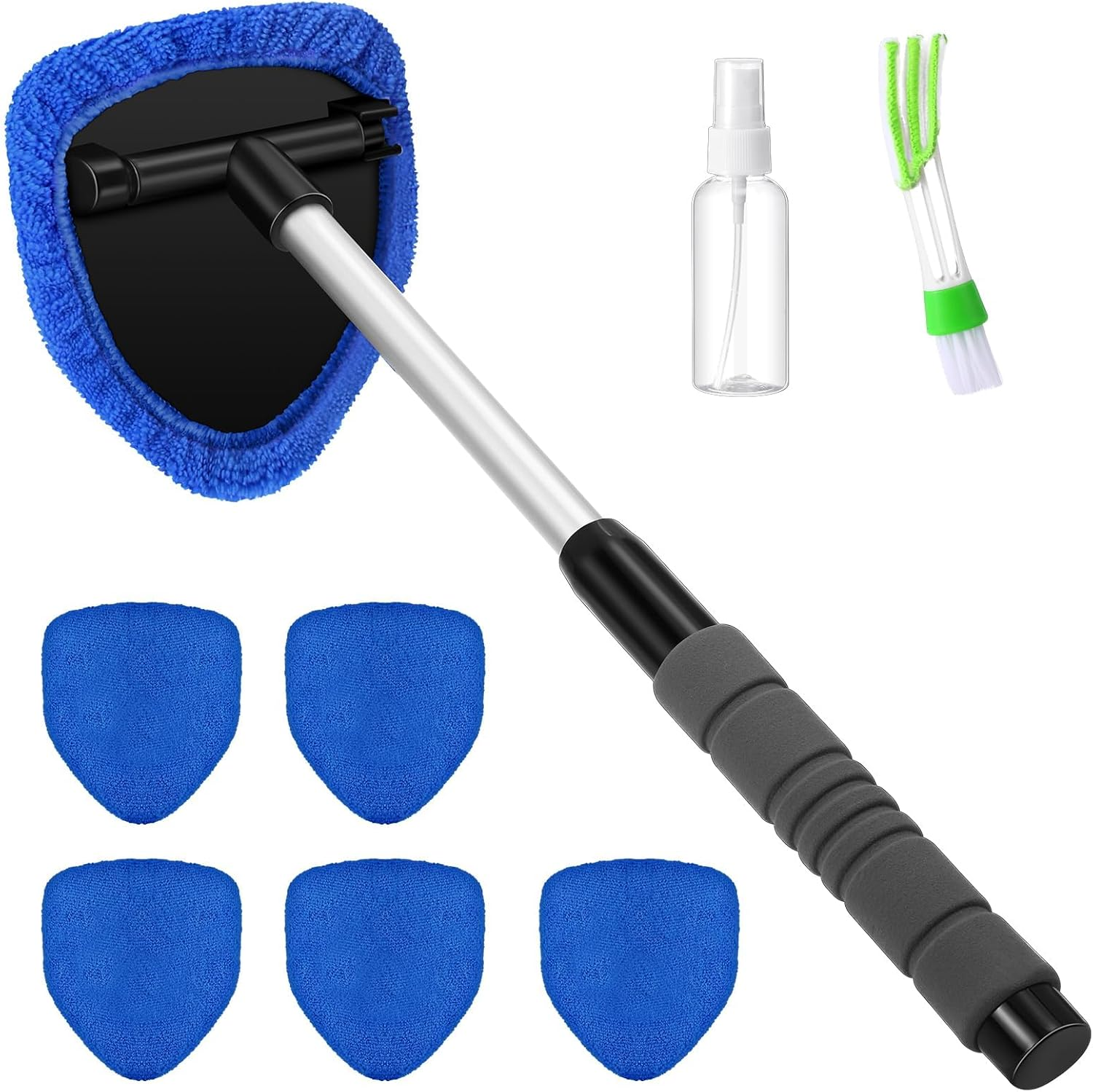 Car Window Cleaning Kit, 8 Pieces, Includes Windshield Cleaning Tool with Extendable Handle 5 Microfiber Bonnets 1 Car Ventilation Brush 1 Empty 50Ml Spray Bottle Glass Wiper Kit (Blue)