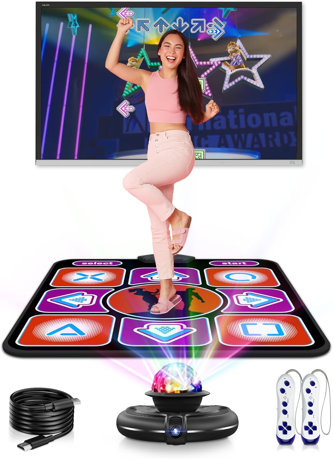 Acelufly Dance Mat - Dance Mats for TV with Camera, Non-Slip Play Mat with 2 Wireless Handles & Colourful Disco Ball, Dance Cushion Game for Kids and Adults, Boys, Girls