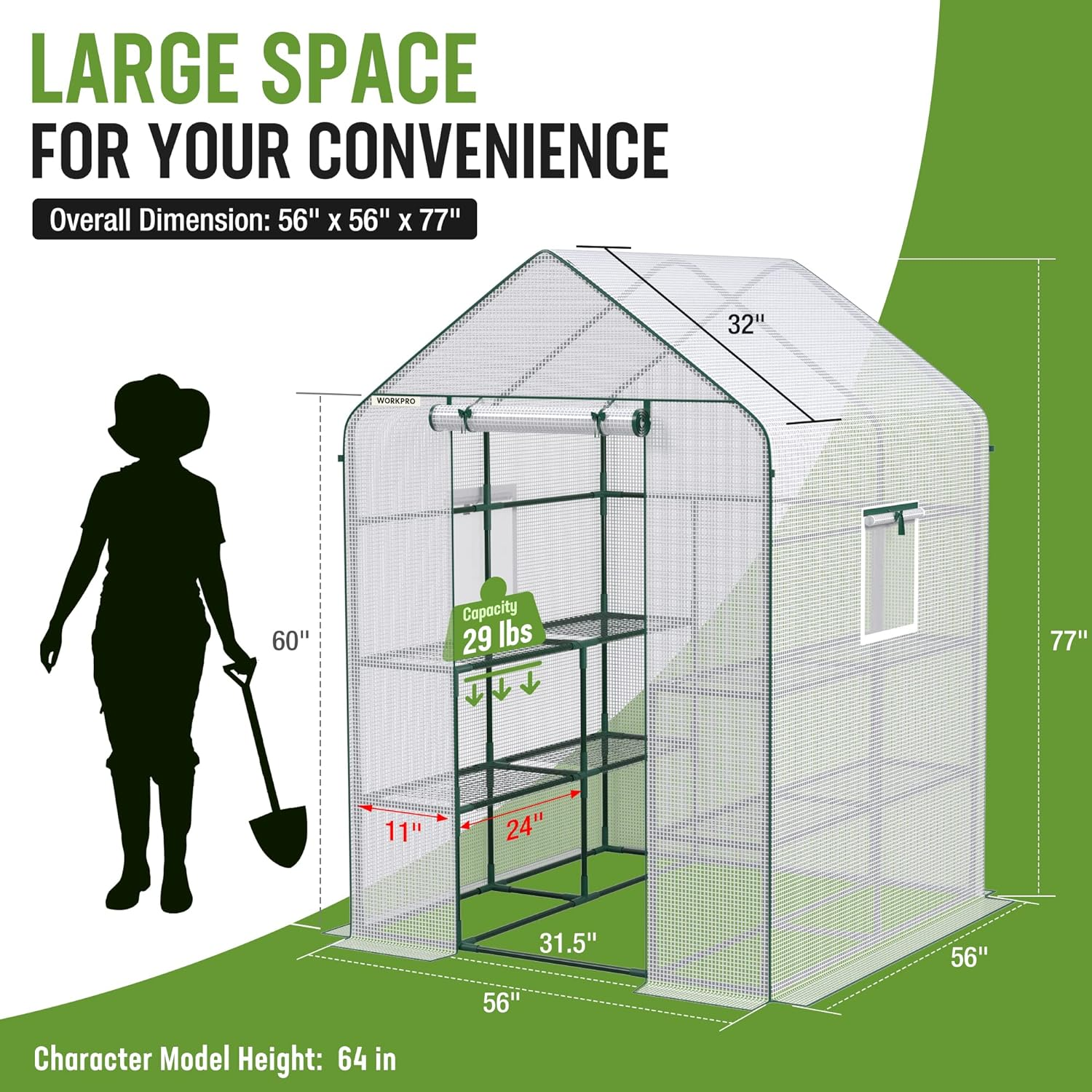 WORKPRO Greenhouse, 56&rdquo; X 56&rdquo; X 77&rdquo; Heavy Duty Walk in Greenhouses for Outdoors with Screen Windows, Thicken PE Cover, 3 Tier 8 Shelves Portable Green House Kit for Patio, Backyard and Porch image number 6