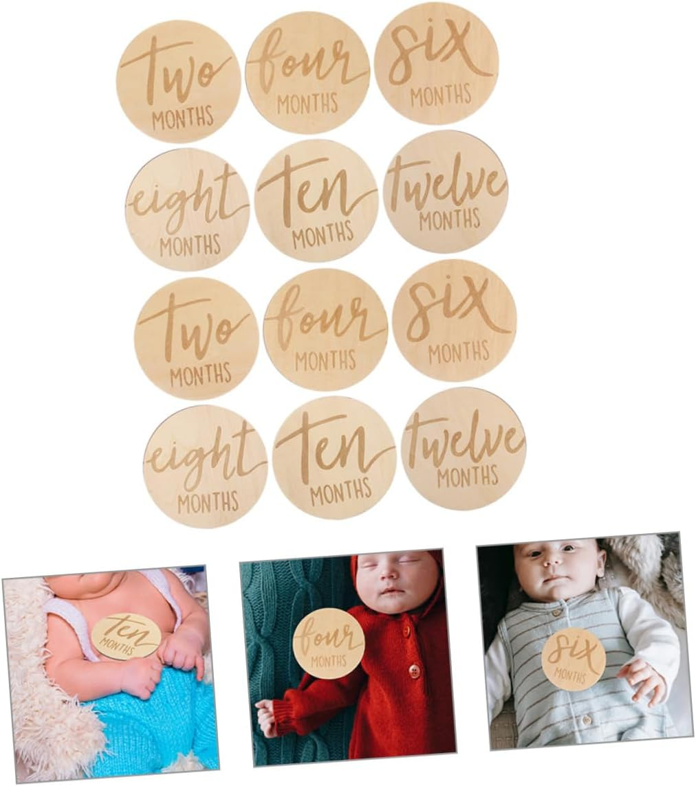 Bestonzon 12 Pcs Wooden Double Sided Monthly Milestone Discs Growth Signs Photo Props Newborn Announcement Cards for Pregnancy Journey and Nursery Decoration image number 3