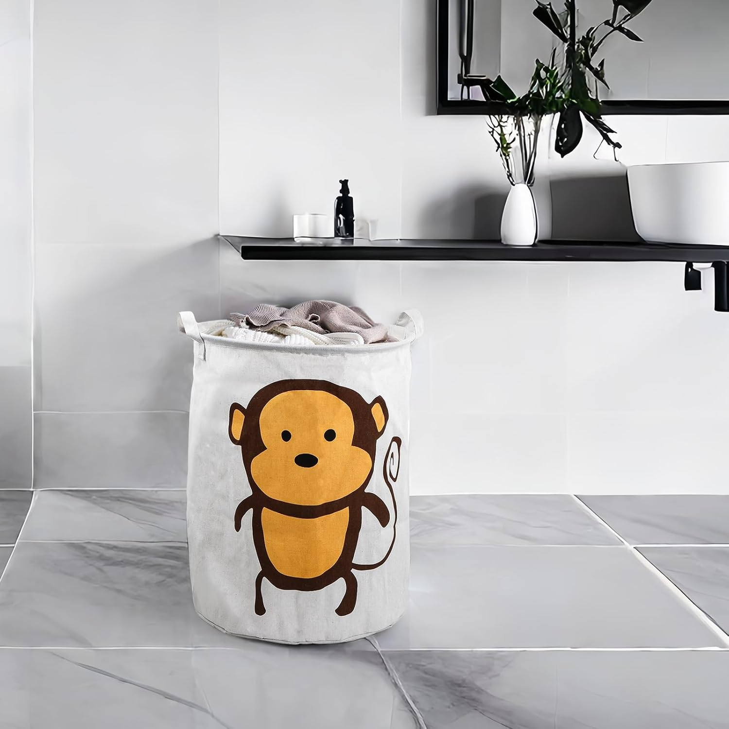 Cute Monkey Baby Laundry Basket, round Canvas Fabric Foldable Clothing Storage Basket, 40 X 50 Cm image number 5