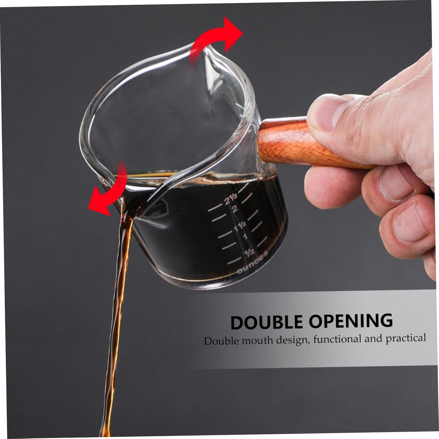 EXAOMBLE Glass Milk Cup with Handle Double Mouth Measuring Cup Thick Glass Coffee Latte Art Pitcher for Home Bar Espresso Frothing and Milk Pouring, Wooden Handle Design