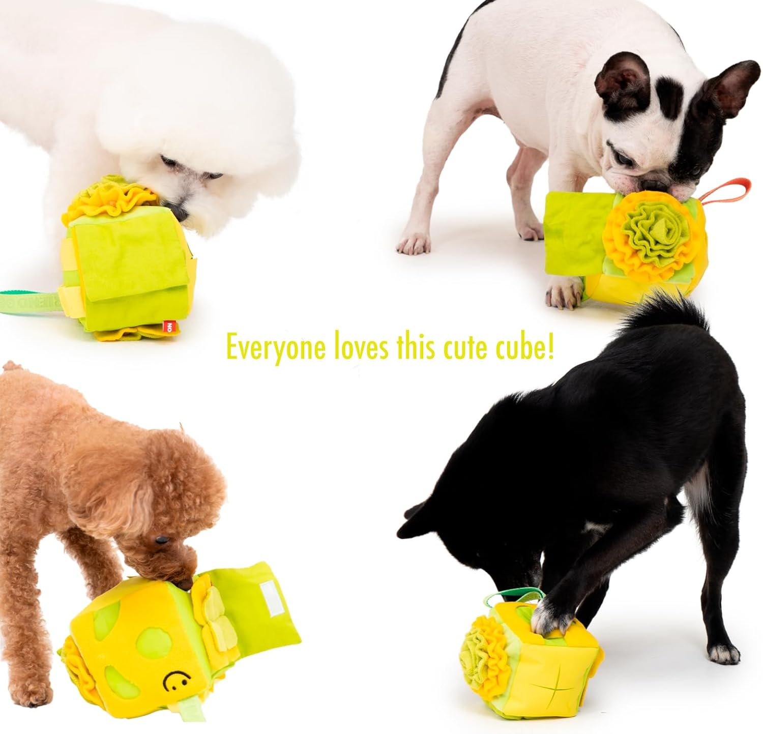 Interactive Treat Dispensing Dog Plush Toy in Shape of Cube, Light Yellow and Green, with Squeaker and Crinkle Paper, Snuffle Toy for Dogs image number 6