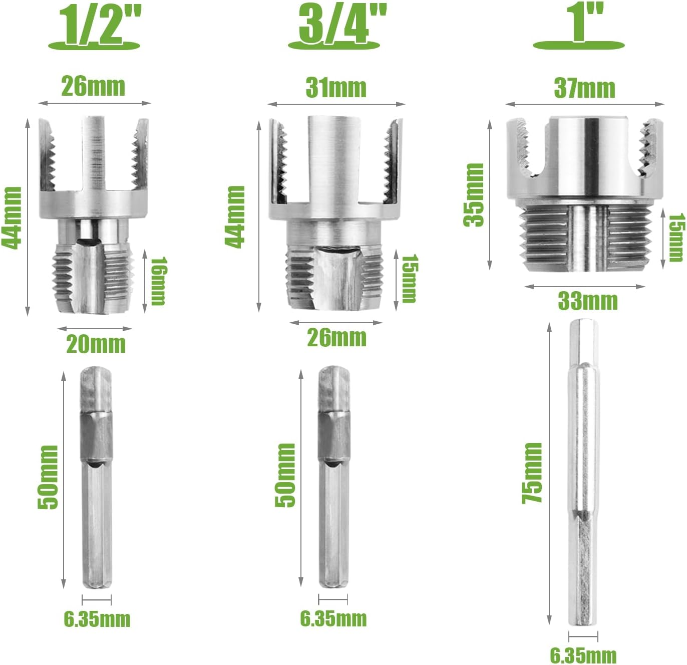 3 Pcs Pipe Thread Cutting Tool, Dual Function Integrated Internal & External Pipe Threading Tools Electric Drill Compatible PVC Plastic Pipe Threader Kit, 1/2" 3/4" 1" Pipe Size Rethreading image number 3