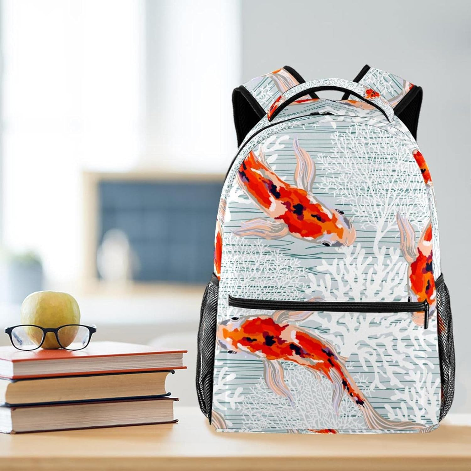 Spring Summer Background with Koi Fish, Corals Backpack Students Shoulder Bags Travel Bag College School Tote Backpacks
