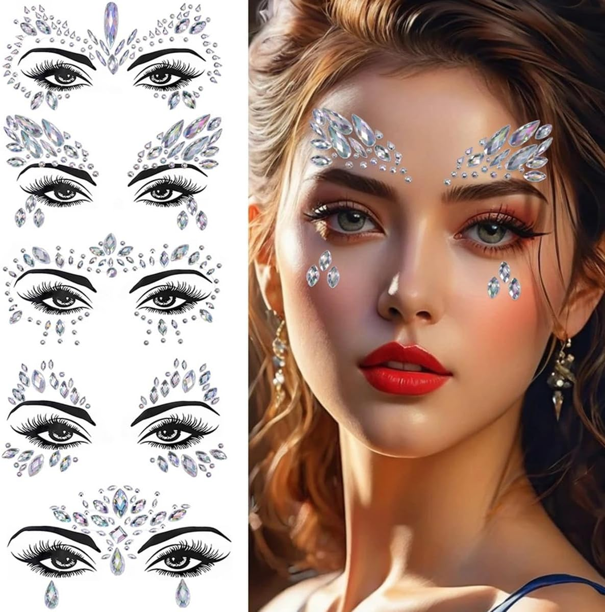 5Pcs/Set 3D Rhinestone Face Sticker Festival Party Glitter Diamond Makeup Jewelry Face Tattoo Sticker Crystal Gems Jewels Face Decoration image number 2